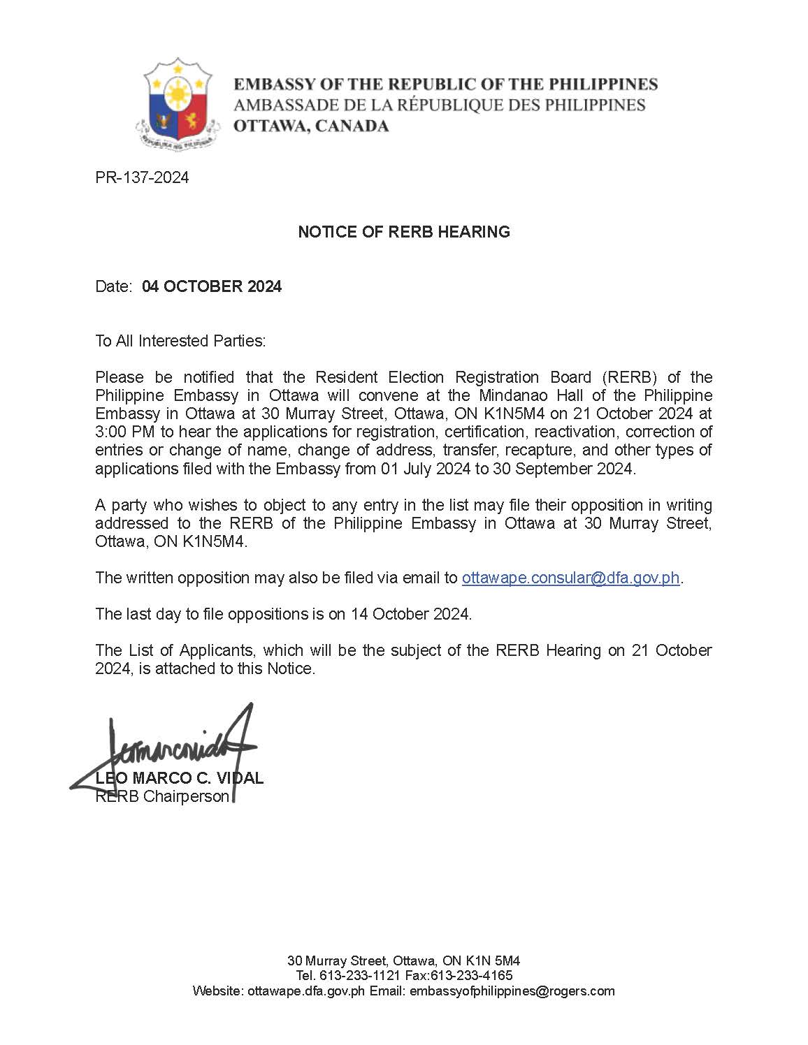 RERB Notice of Hearing 21OCTOBER2024