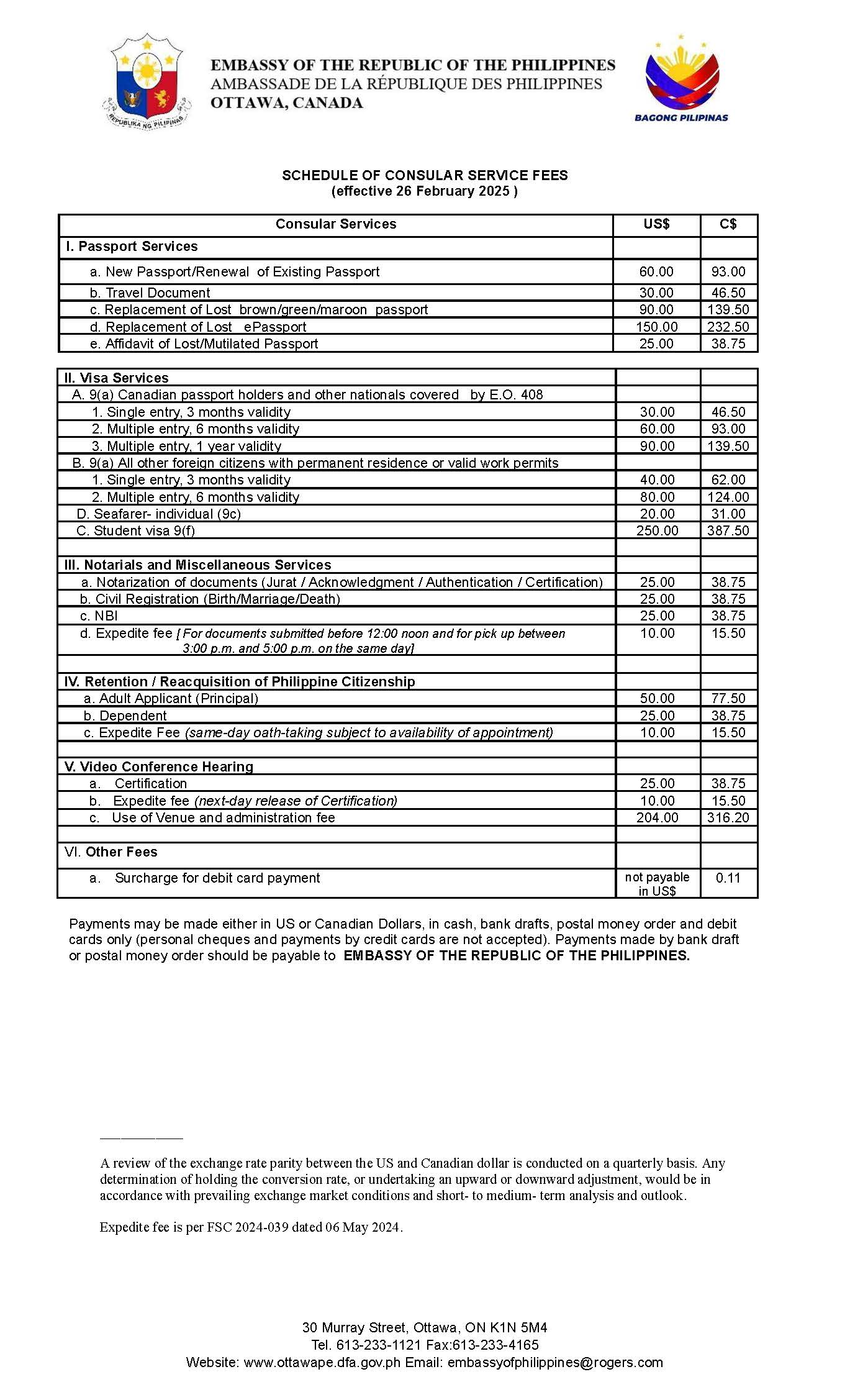 Schedule of Consular Fees 26 February 2025 Page 1