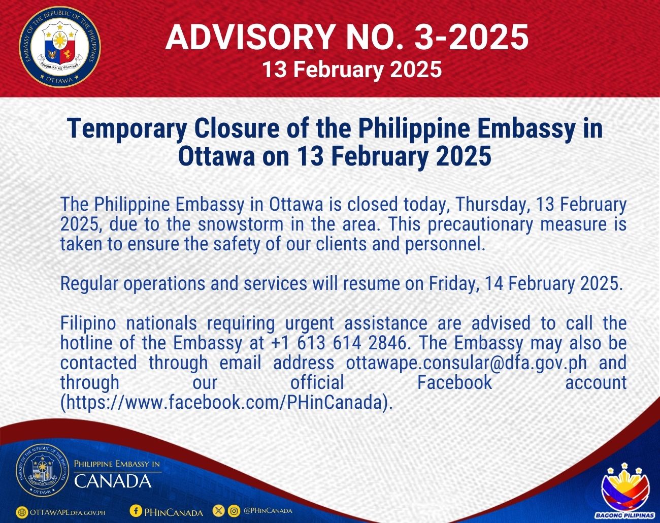 Advisory Temporary Closure of the Philippine Embassy in Ottawa on 13 February 2025 1