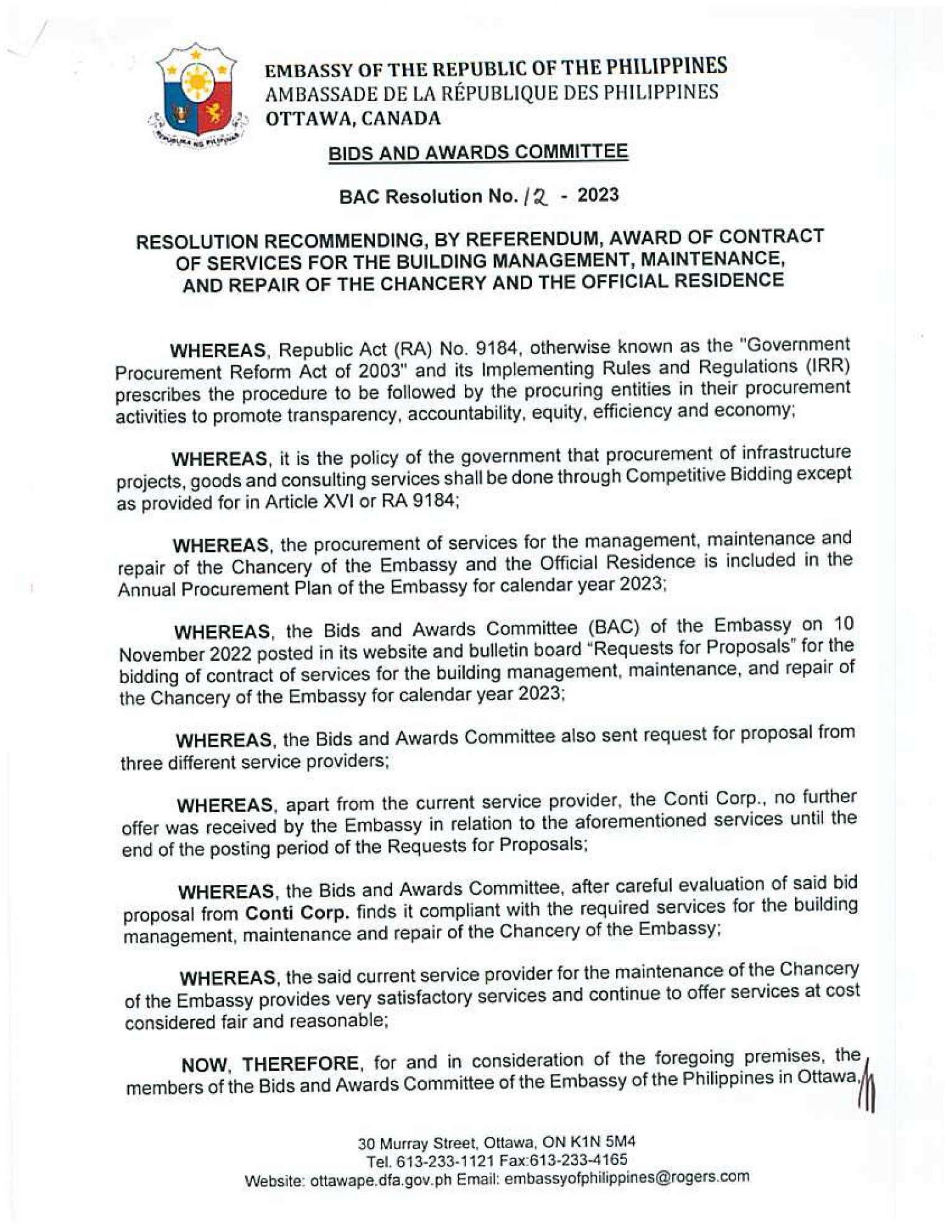 BAC RES 12 2023 Building Management Maintenance and Repair of the Chancery and the Official Residence 001