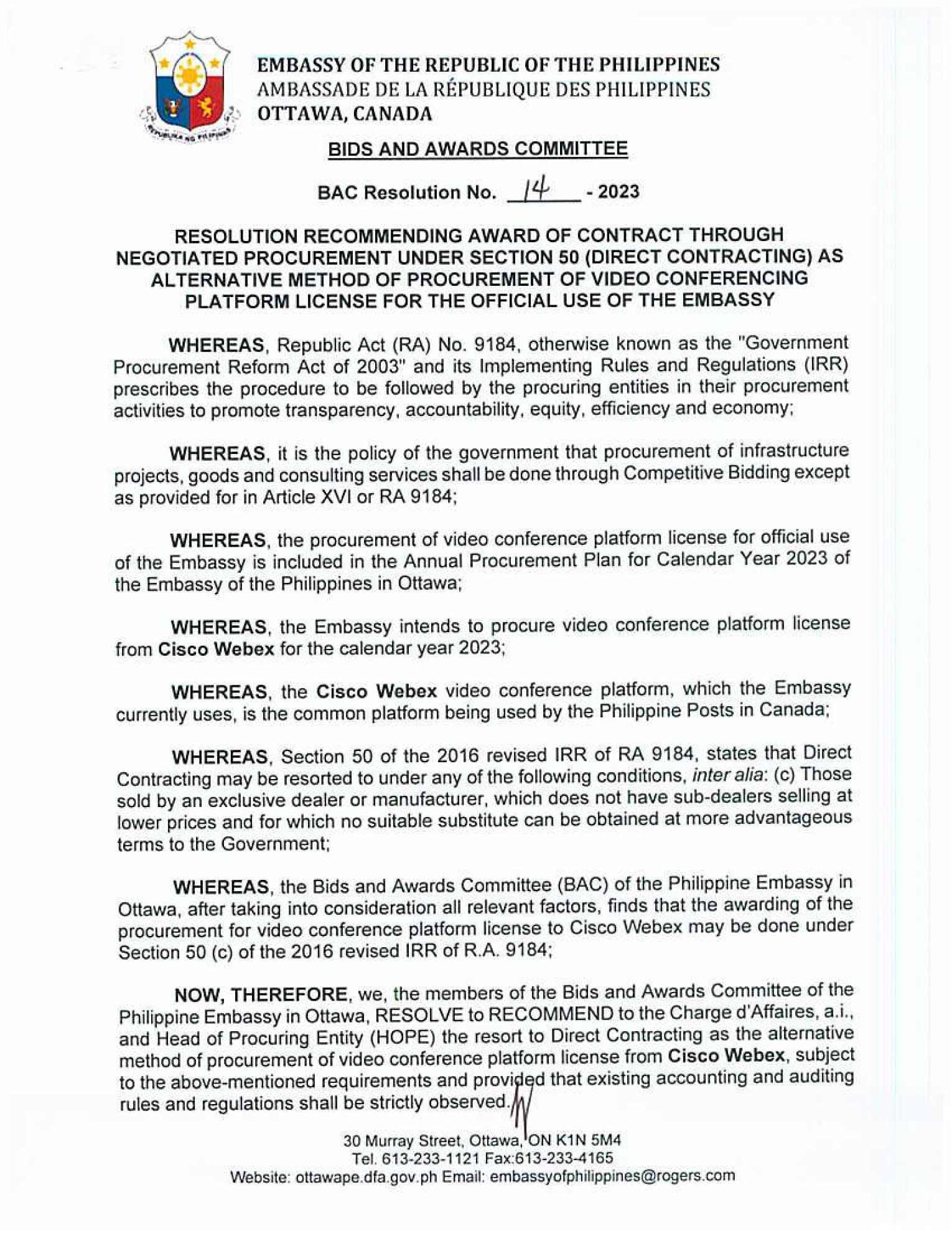 BAC RES 14 2023 Video Conferencing Platform License for hte Official Use of the Embassy 001