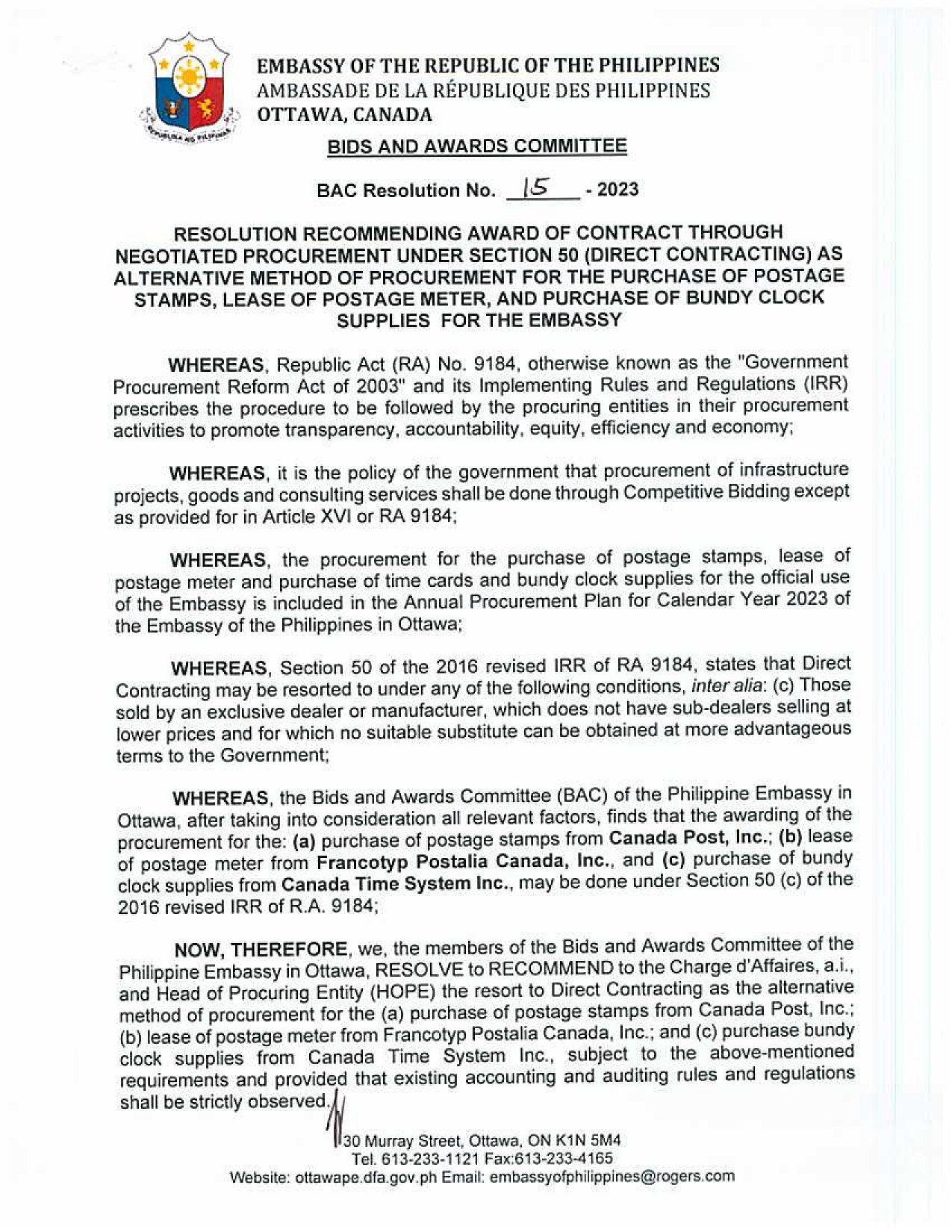 BAC RES 15 2023 Purchase of Postage Stamps Lease of Postage Meter and Purchase of Bundy Clock Supplies for the Embassy 001