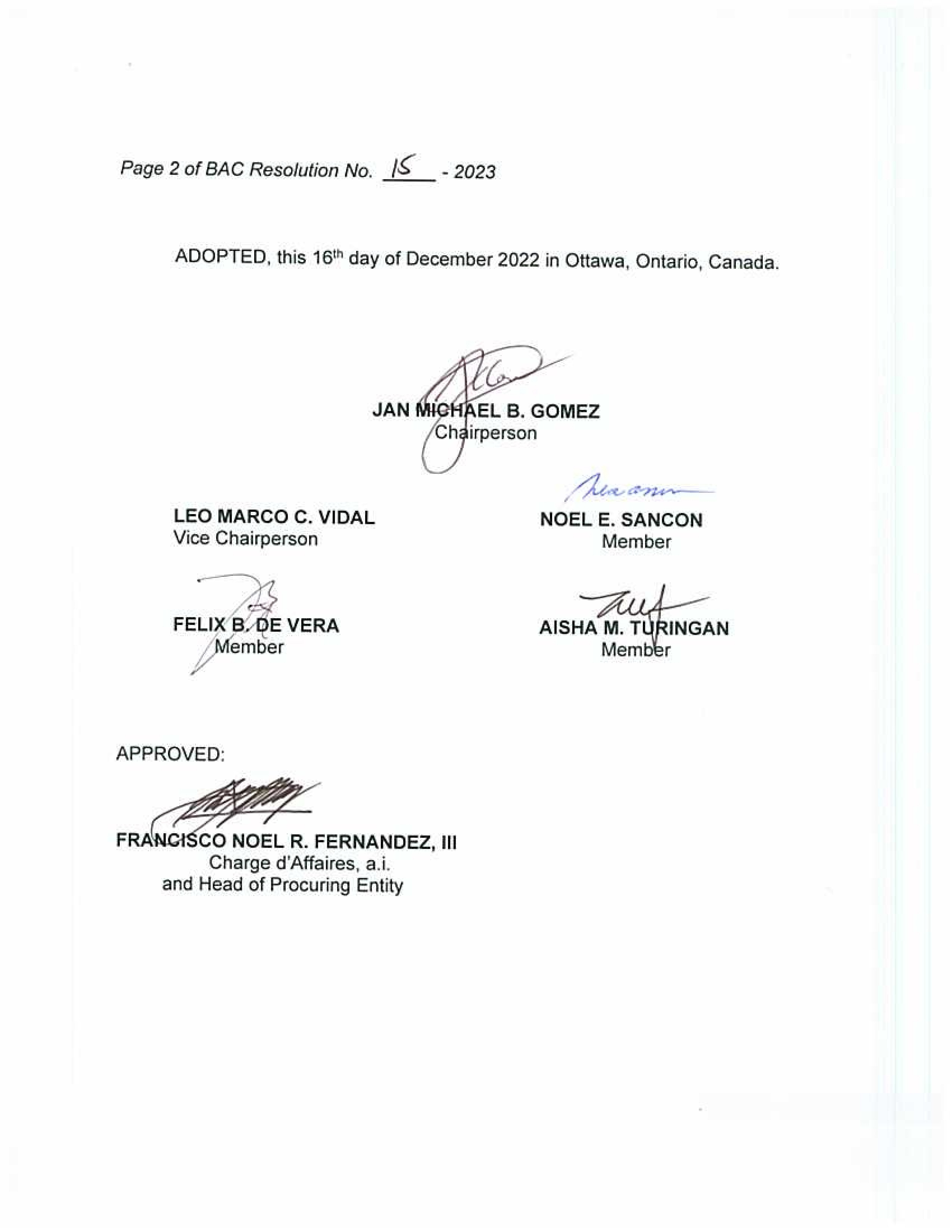 BAC RES 15 2023 Purchase of Postage Stamps Lease of Postage Meter and Purchase of Bundy Clock Supplies for the Embassy 002