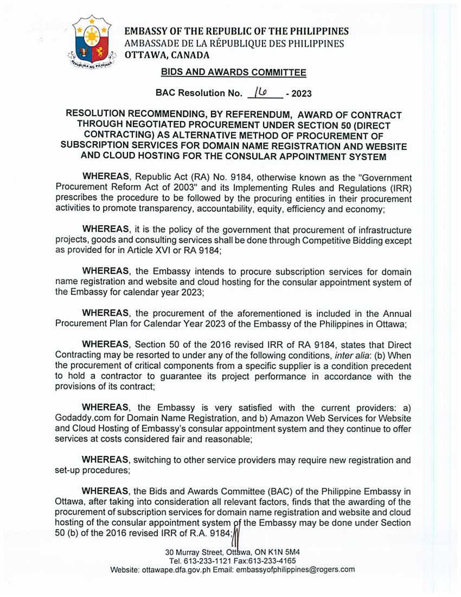 BAC RES 16 2023 Electricity Gas and Heating and Water and Sewerage for the Official Use of the Chancery and Official Residence 001