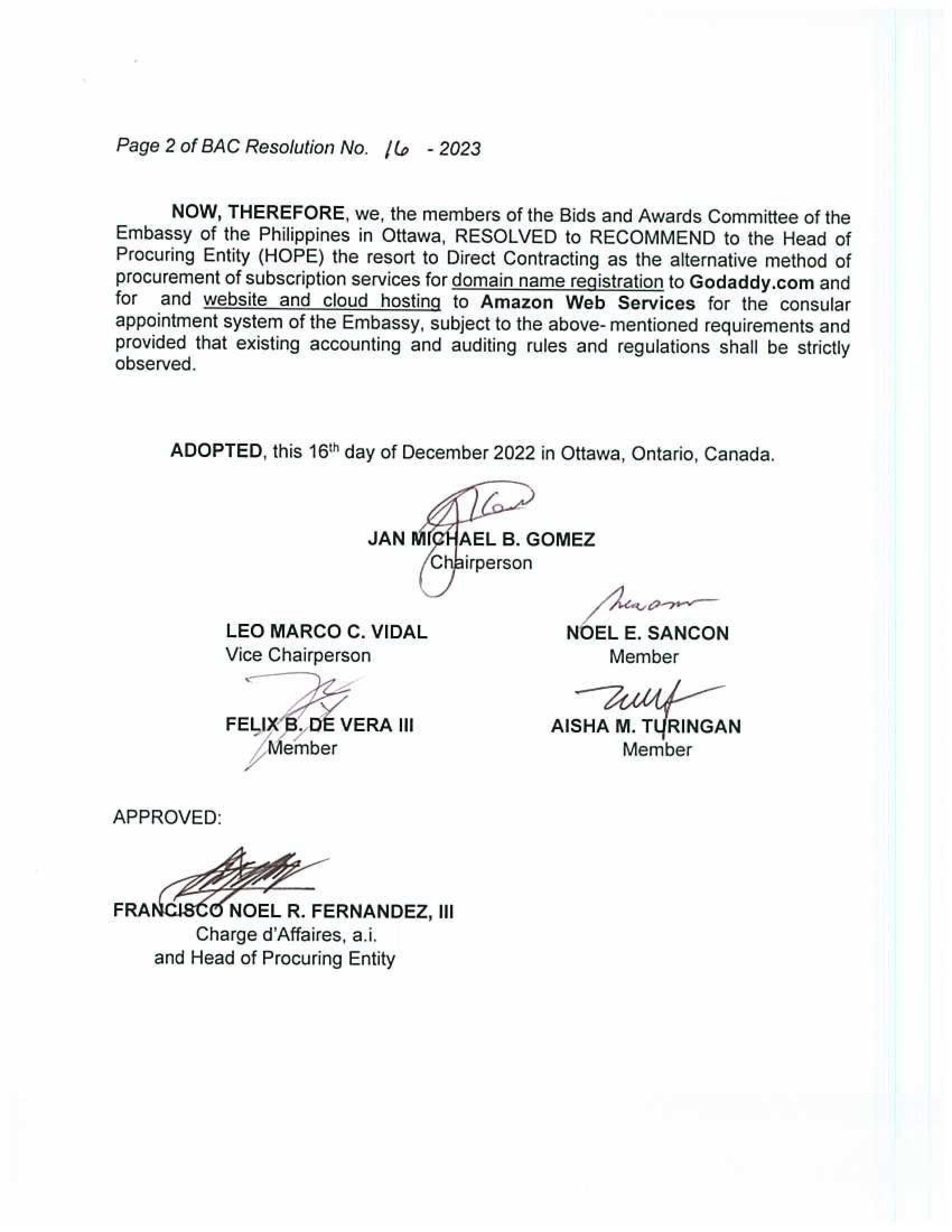 BAC RES 16 2023 Electricity Gas and Heating and Water and Sewerage for the Official Use of the Chancery and Official Residence 002