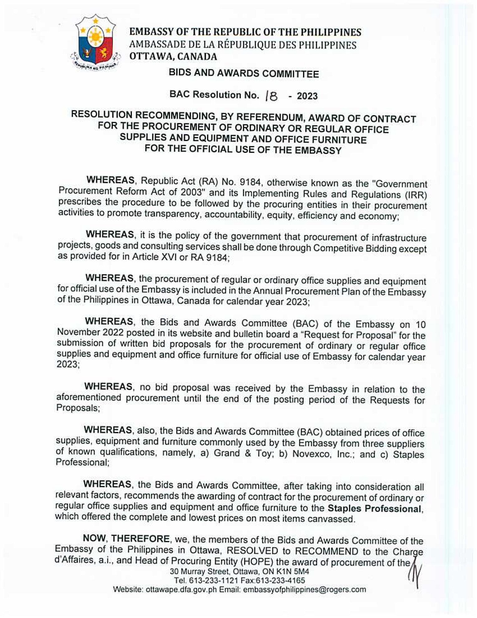 BAC RES 18 2023 Office Supplies and Equipment and Office Furniture for the Official use of the Embassy 001