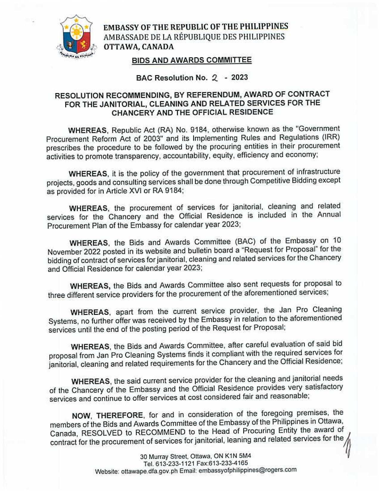 BAC RES 2 2023 Janitorial Cleaning and Related Services for the Chancery and Official Residence 001