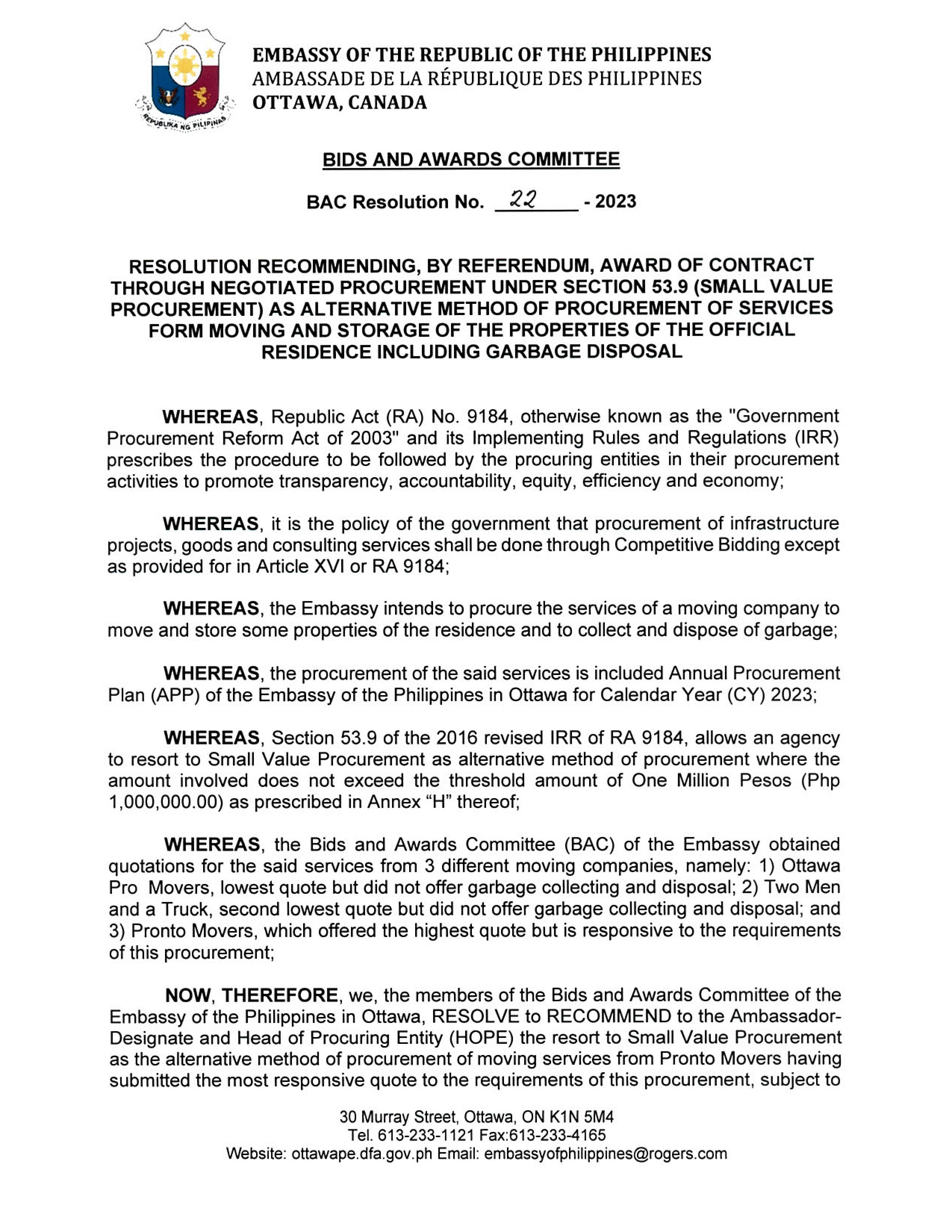 BAC RES 22 2023 Moving and Storage of the Properties of the Official Residence including Garbage Disposal 1