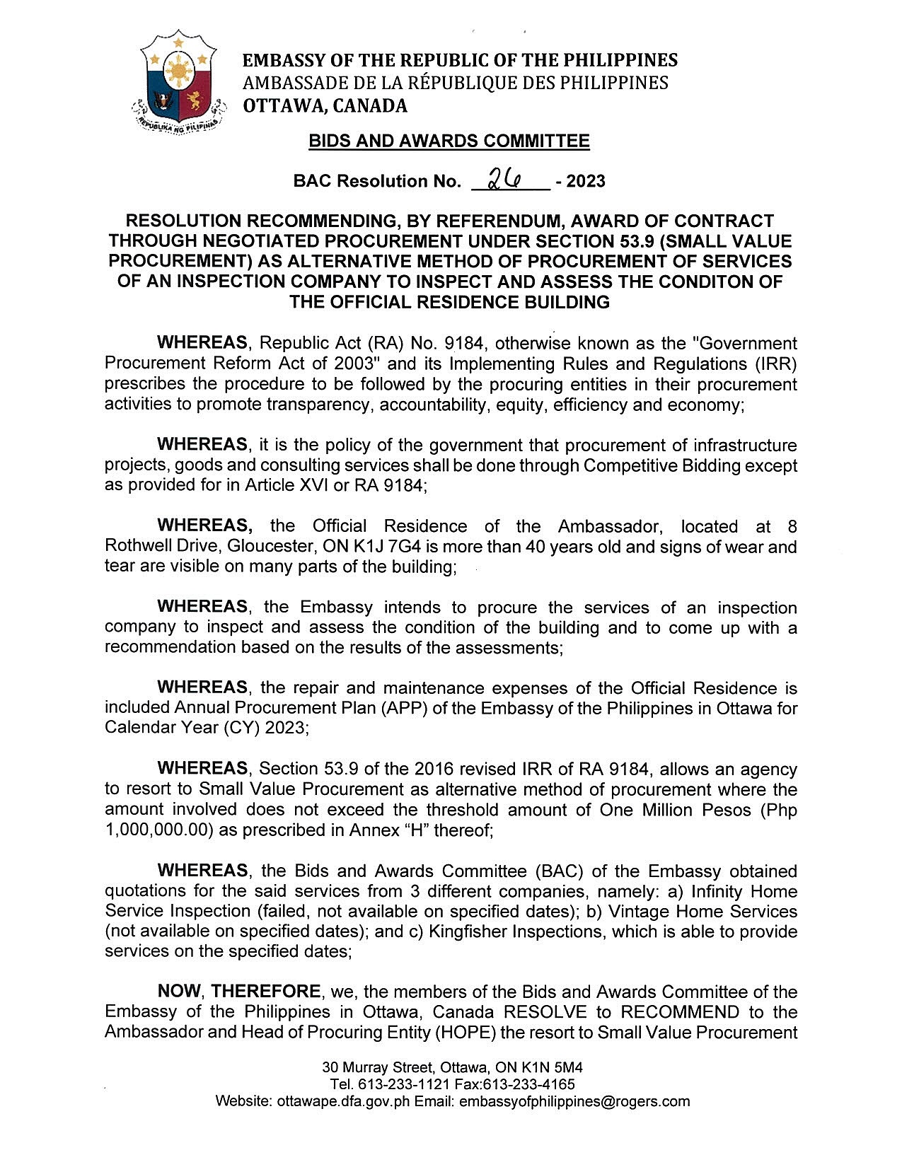 BAC RES 26 2023 Inspection Company to Inspect and Assess the Condition of the Official Residence Building 001