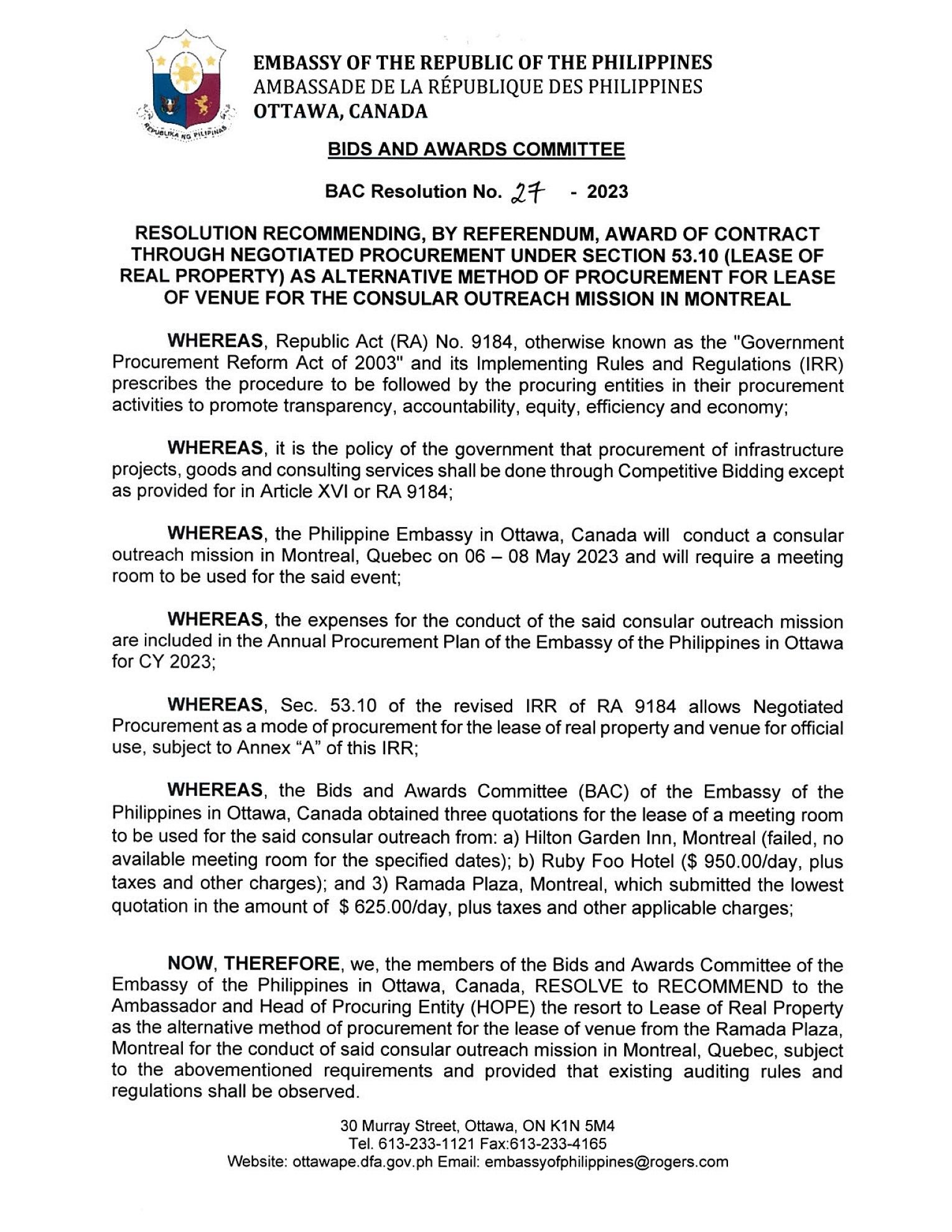 BAC RES 27 2023 Lease of Venue for the Consular Outreach Mission in Montreal 001