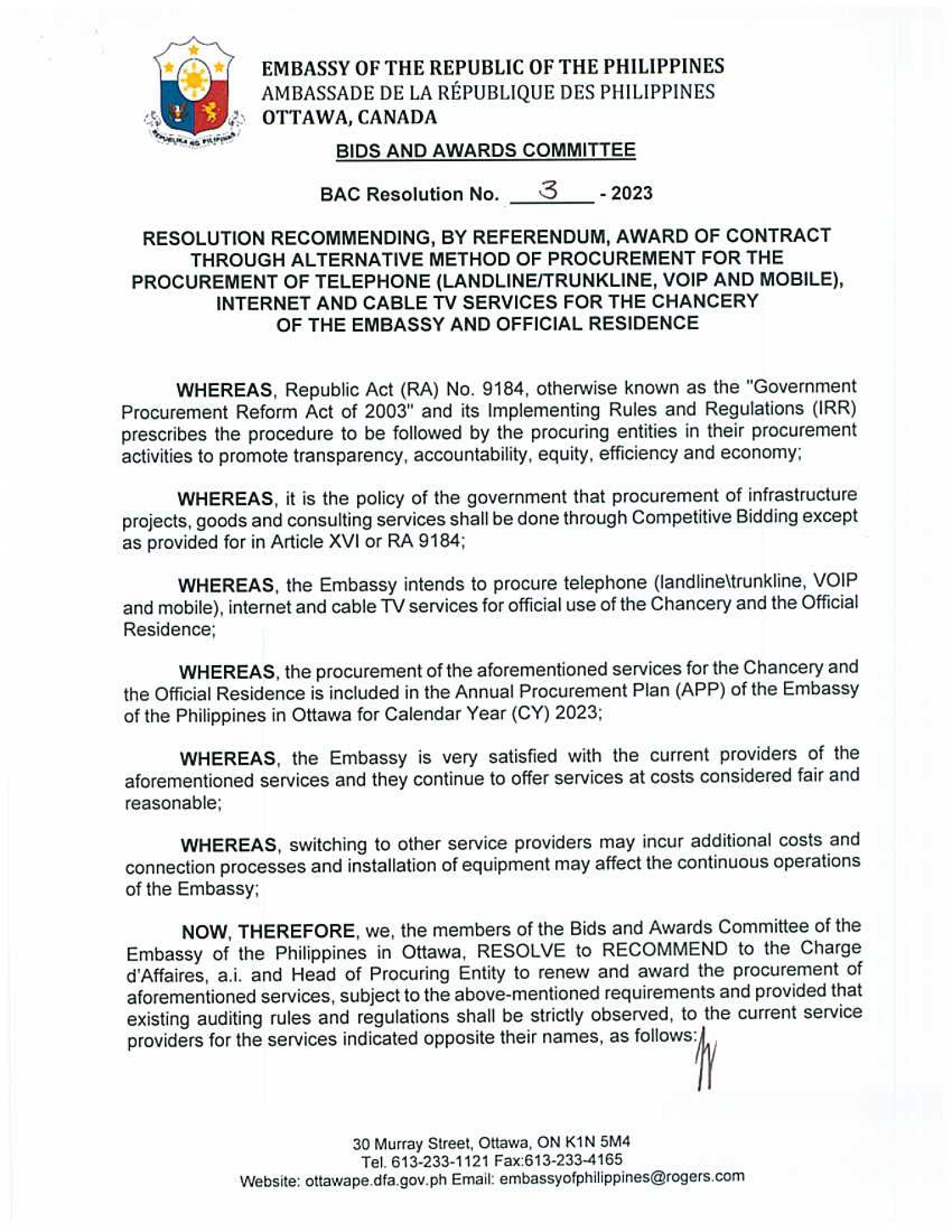 BAC RES 3 2023 Telephone Landline.Trunkline VOIP and Mobile Internet and Cable TV Services for the Chancery of the Embassy and Official Residence 001