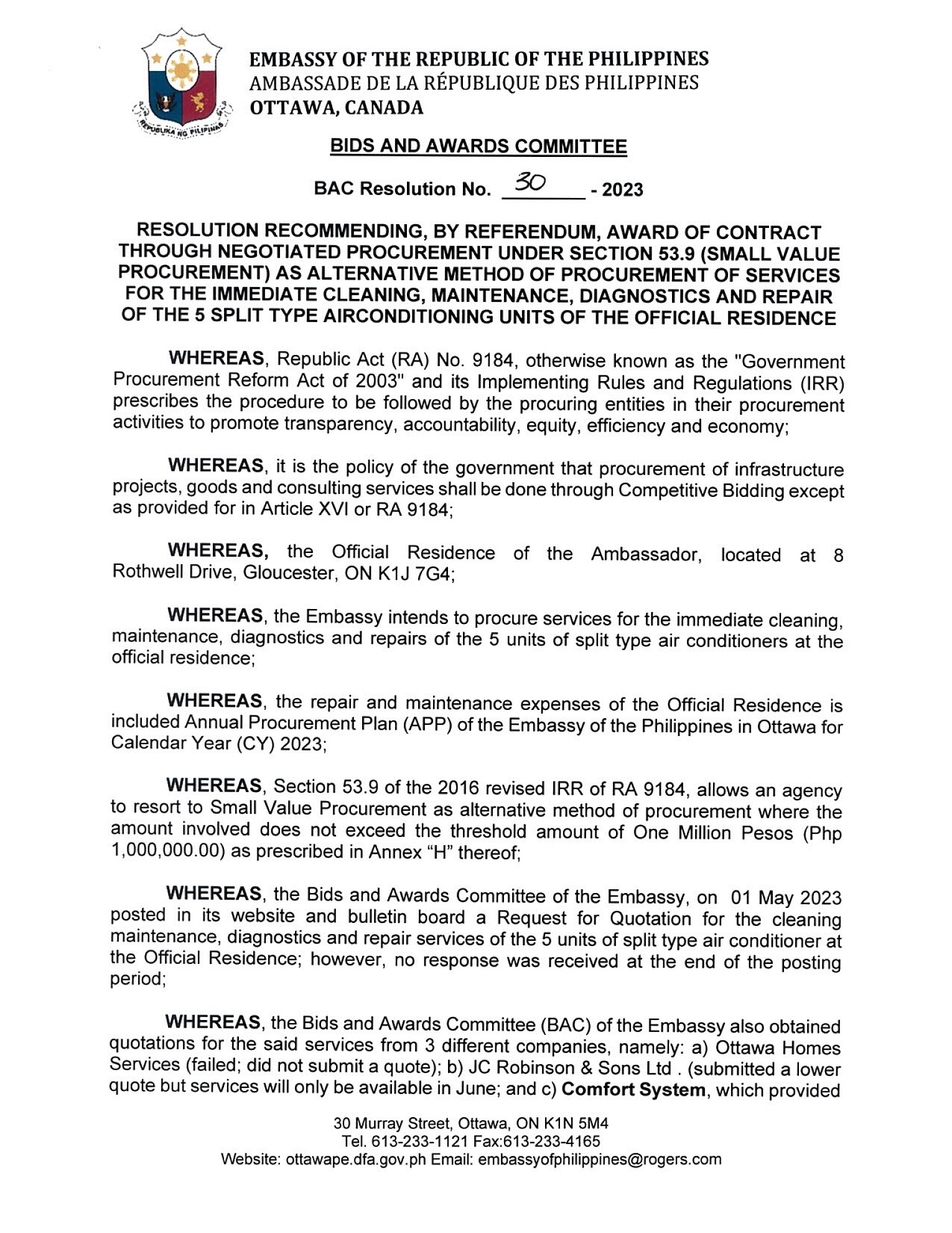 BAC RES 30 2023 Maintenance Diagnostics and Repair of the 5 Split Type Airconditioning Units of the Official Residence 001