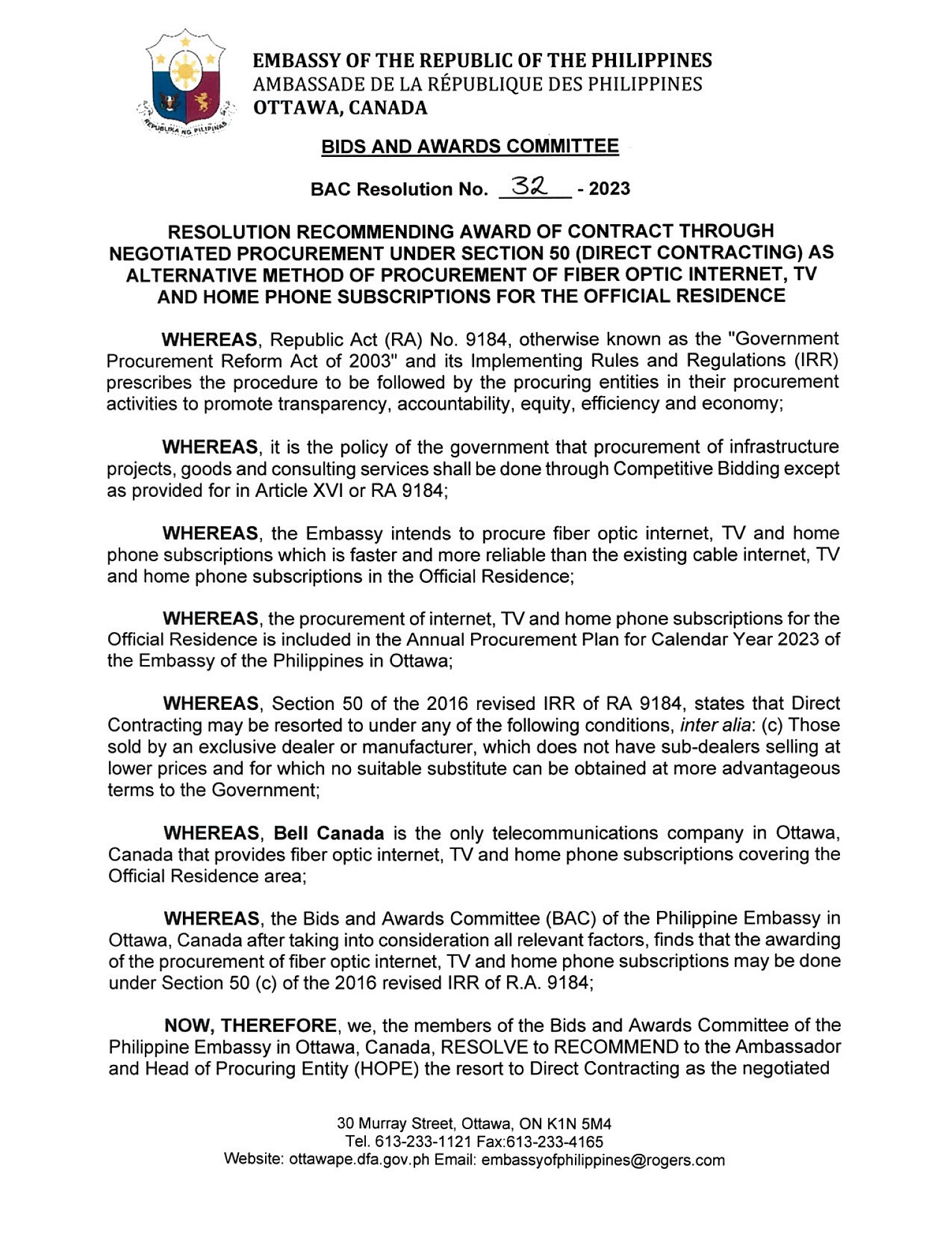 BAC RES 32 2023 Procurement of Fiber Optic Internet TV and Home Phone Subscriptions for the Official Residence 001