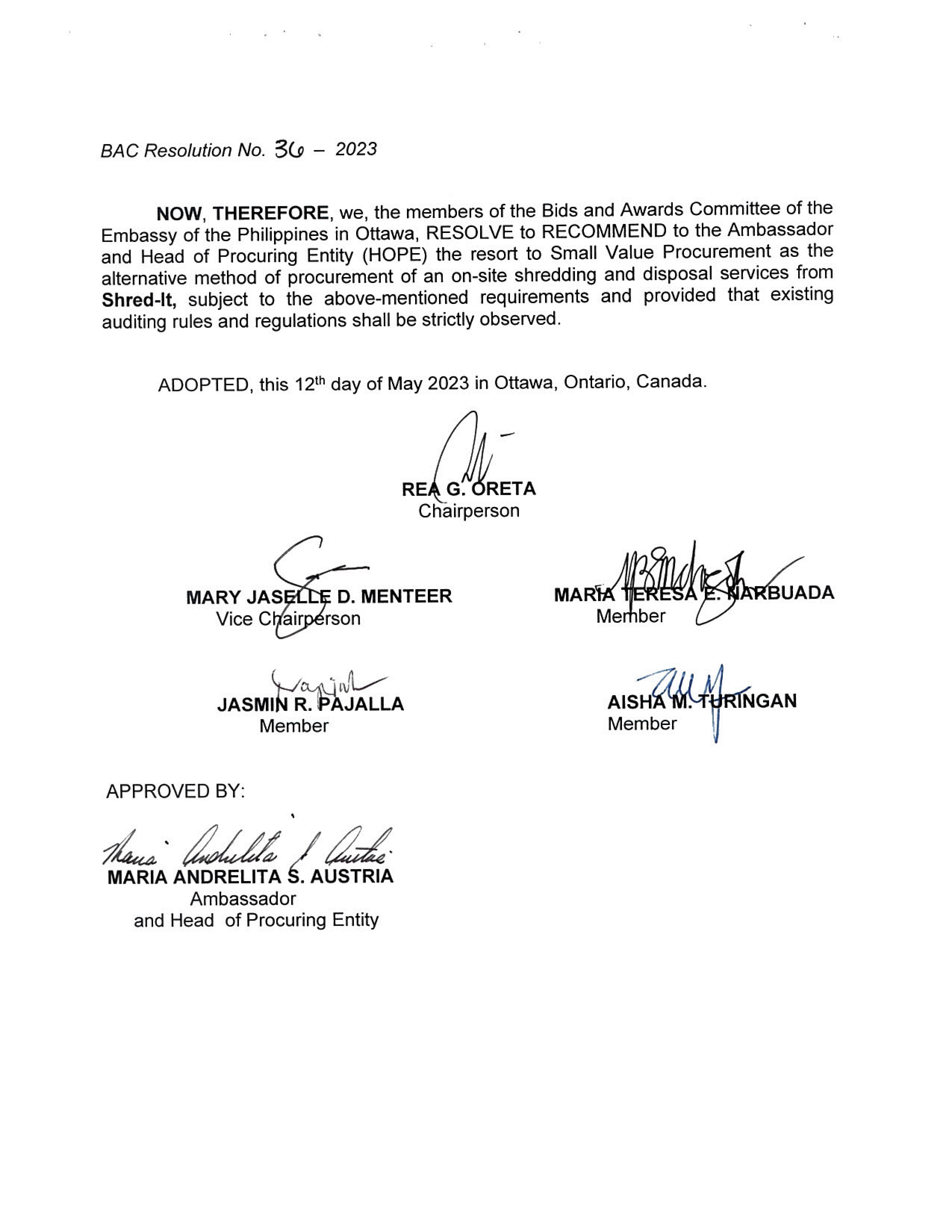 BAC RES 36 2023 On Site Shredding and Disposal of Embassy Documents and Records of the Clients002
