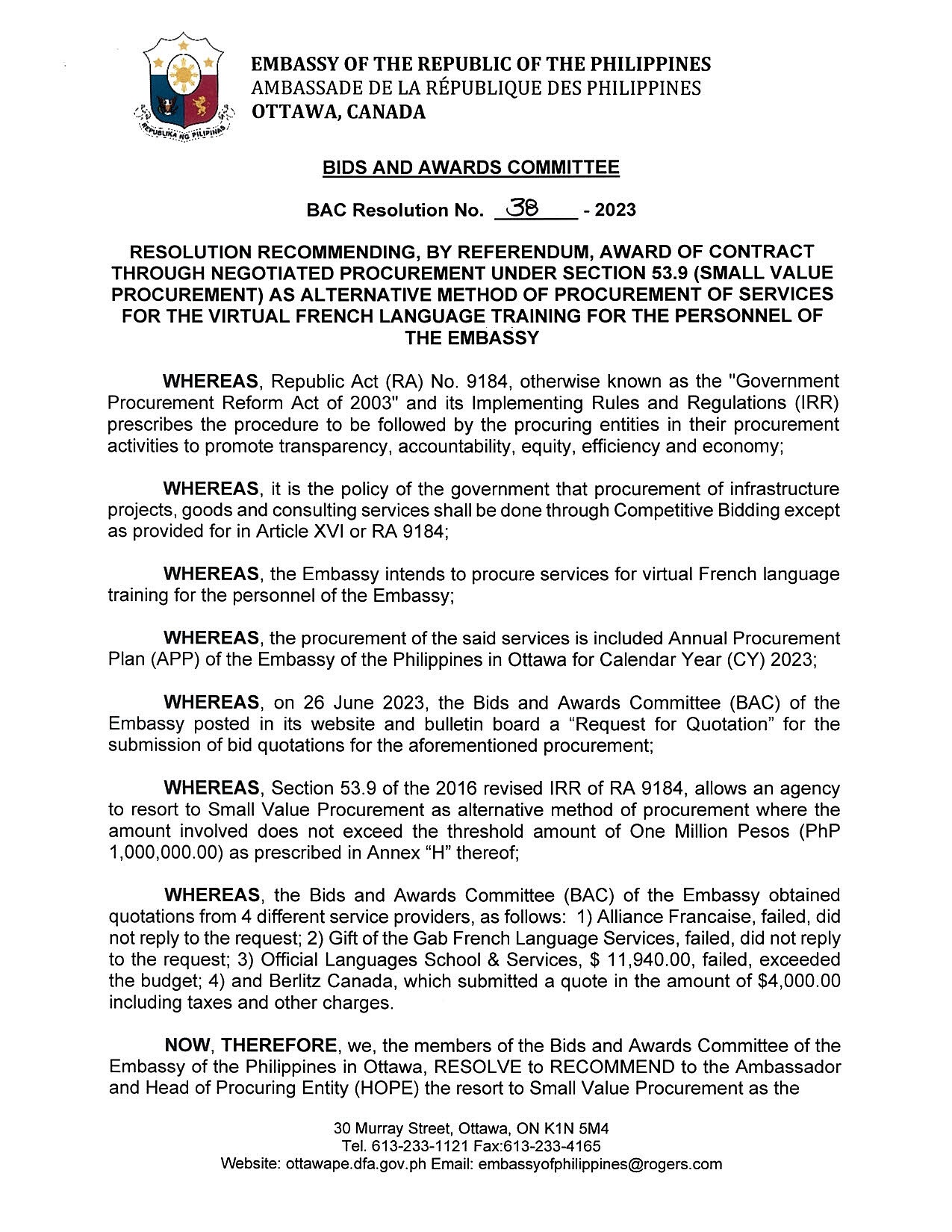 BAC RES 38 2023 Virtual French Language Training for the Personnel of the Embassy 001
