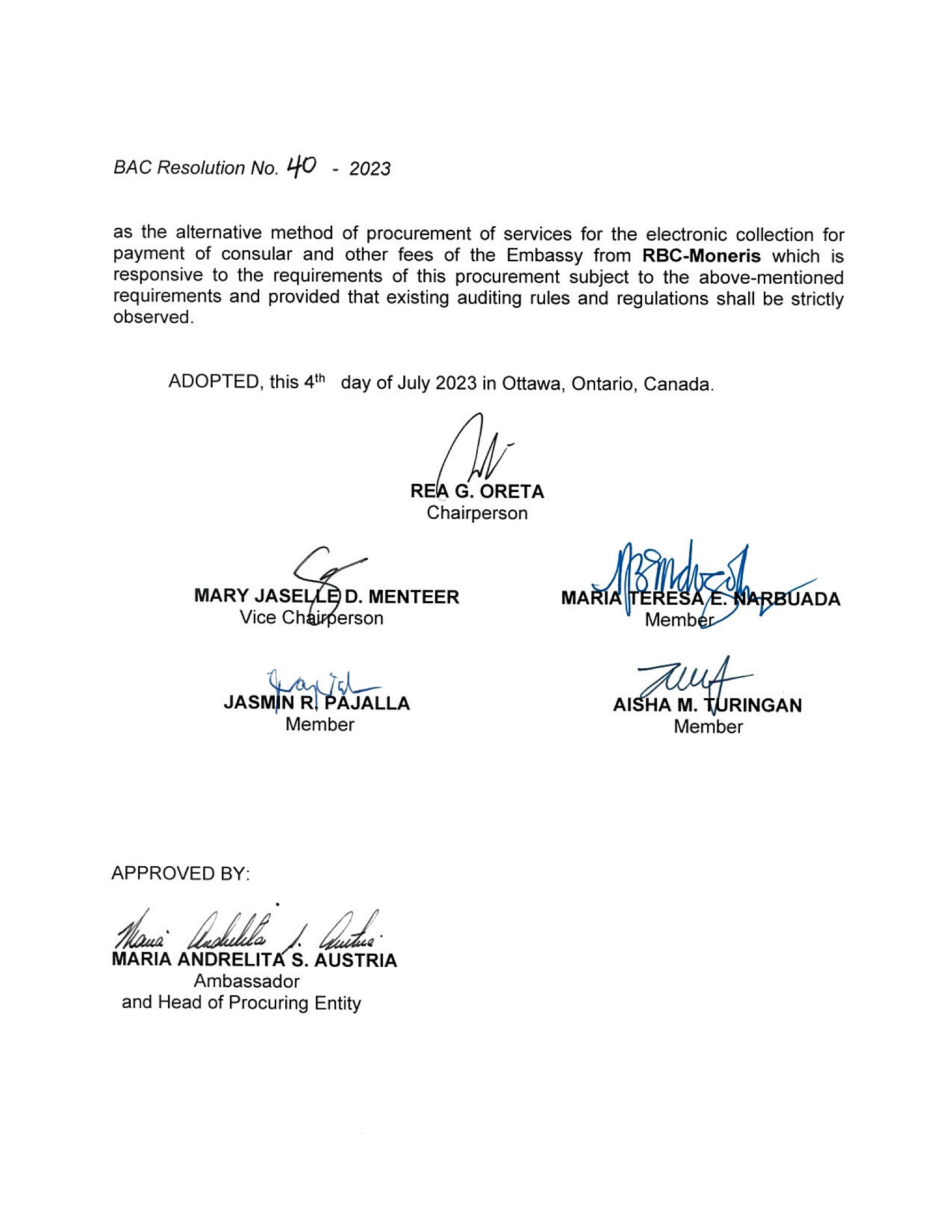 BAC RES 40 2023 Electronic Collection for Payment of Consular and Other Fees of the Embassy 002