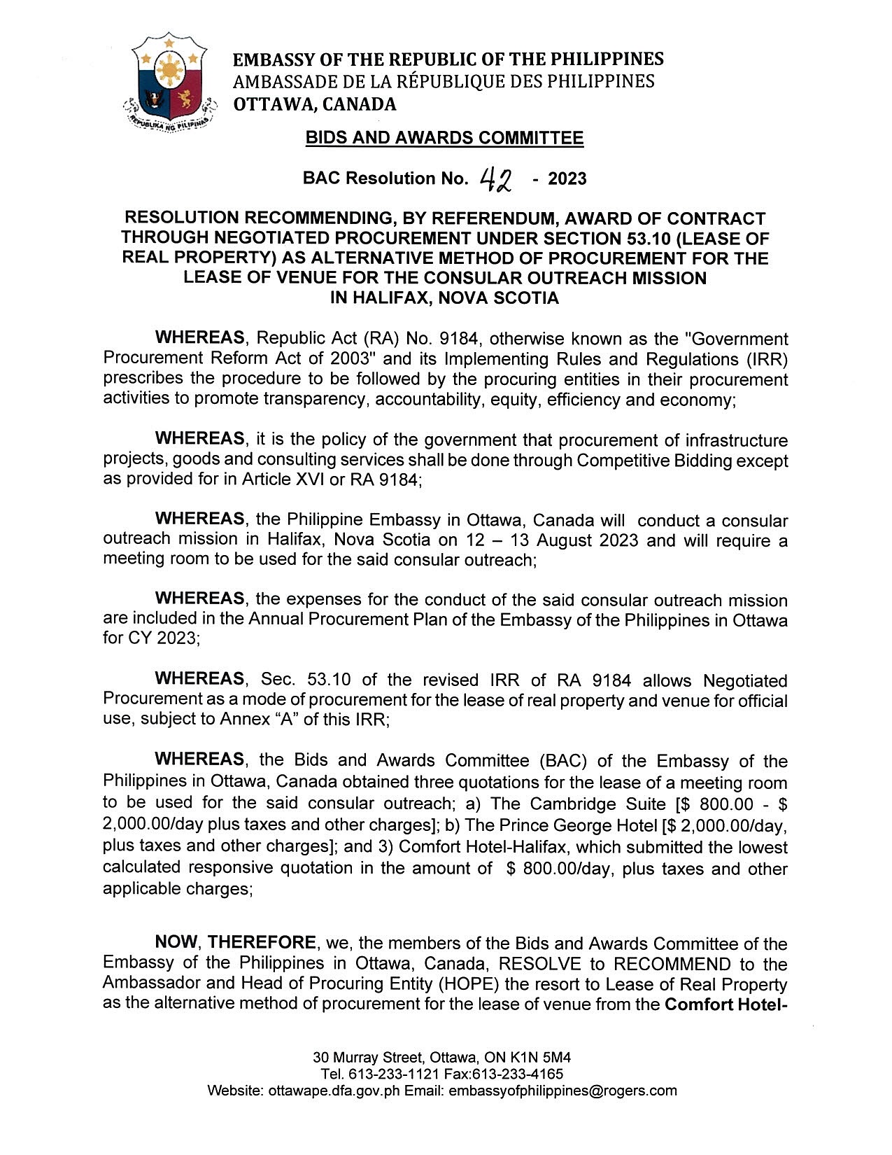BAC RES 42 2023 Lease of Venue for the Consular Outreach Mission in Halifax Nova Scotia 001