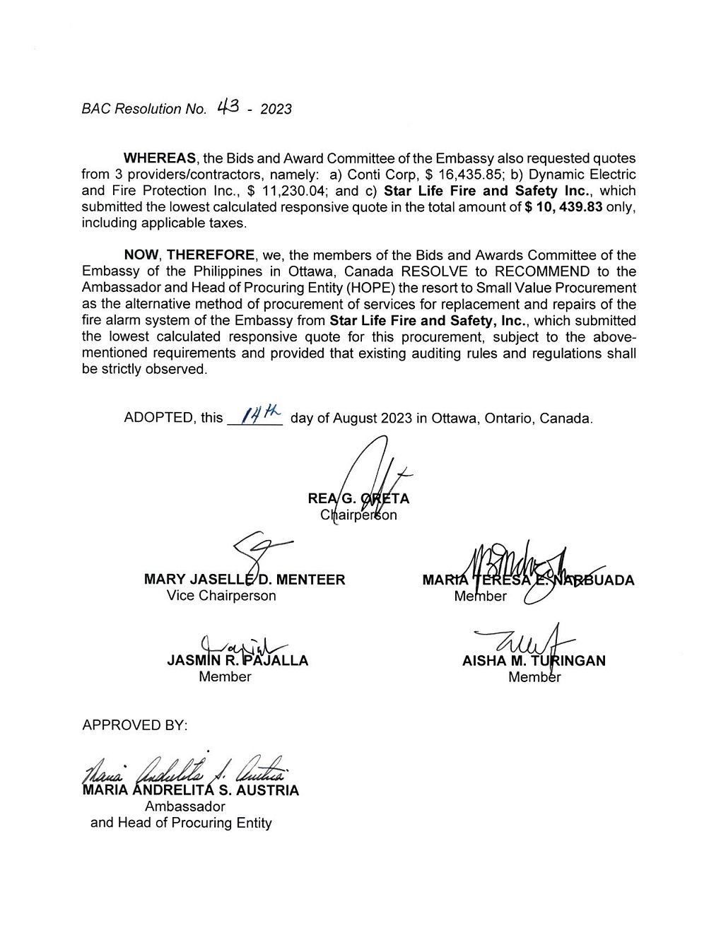 BAC RES 43 2023 Replacement and Repair of Fire Alarm Panel and Fires Safety Devices of the Embassy 002