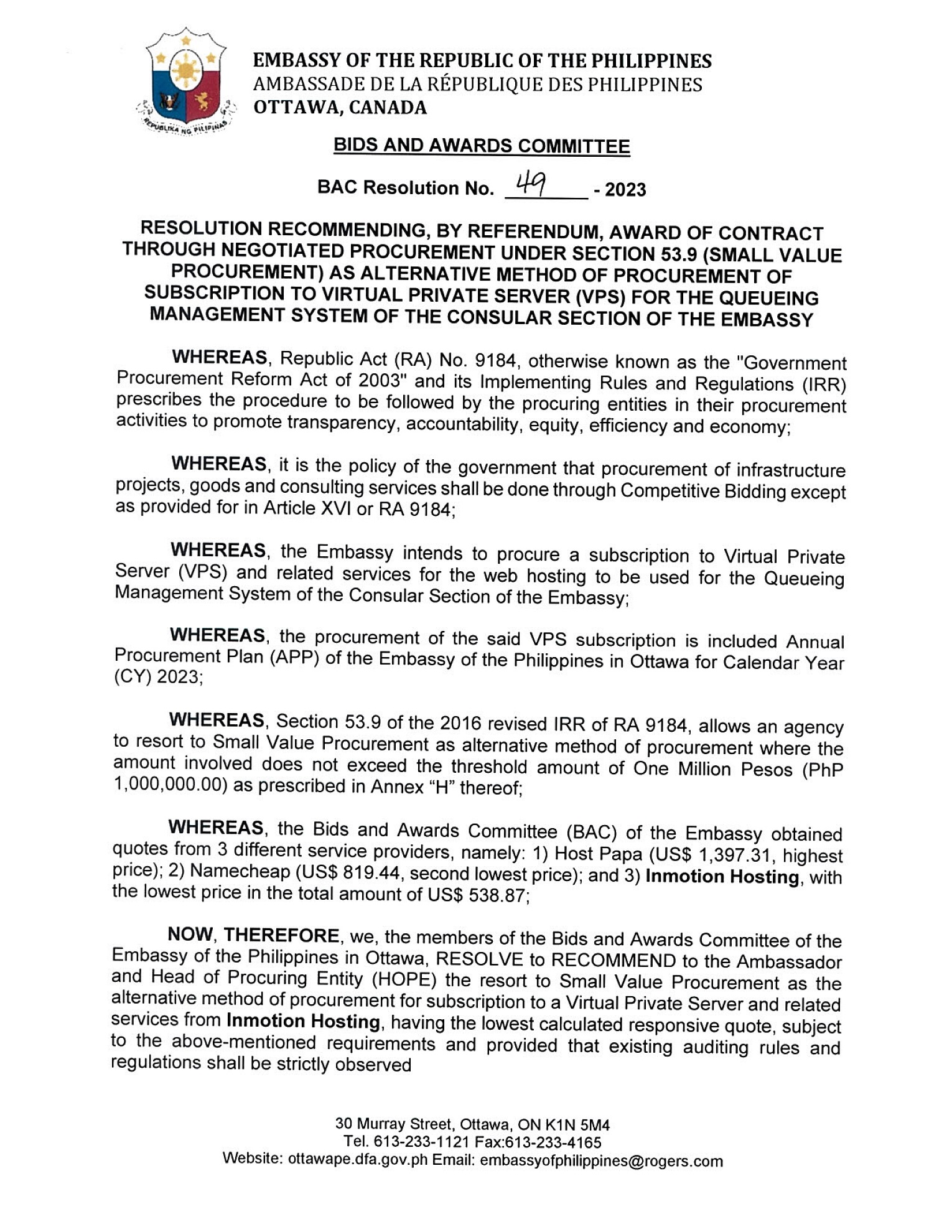 BAC RES 49 2023 Subscription to Virtual Private Server VPS for the Queuing Management System of the Consular Section of the Embassy 001