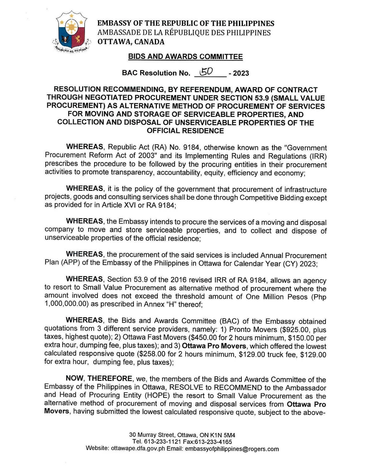 BAC RES 50 2023 Moving and Storage of Serviceable Properties and Collection and Disposal of Unserviceable Properties of the Official Residence 001