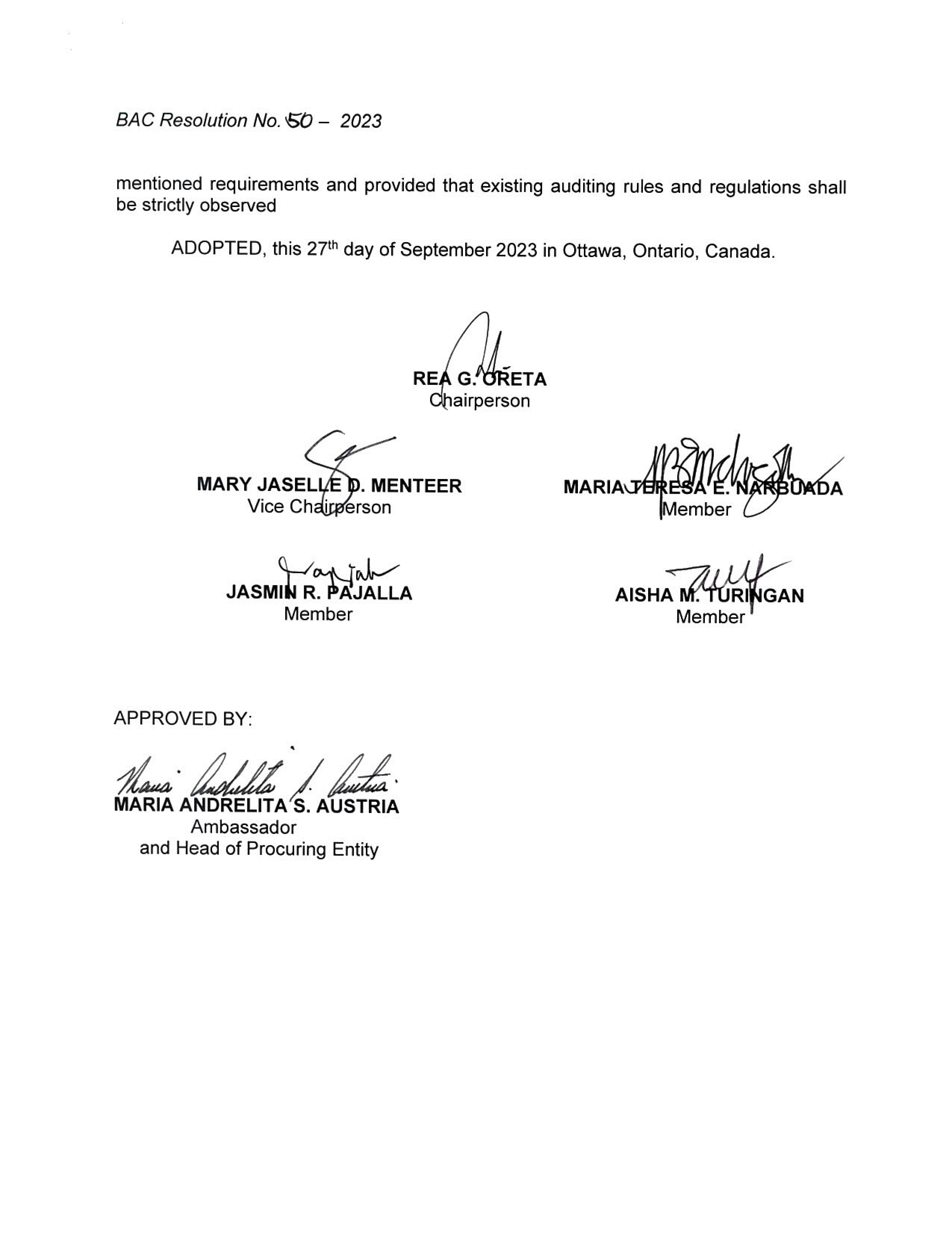 BAC RES 50 2023 Moving and Storage of Serviceable Properties and Collection and Disposal of Unserviceable Properties of the Official Residence 002
