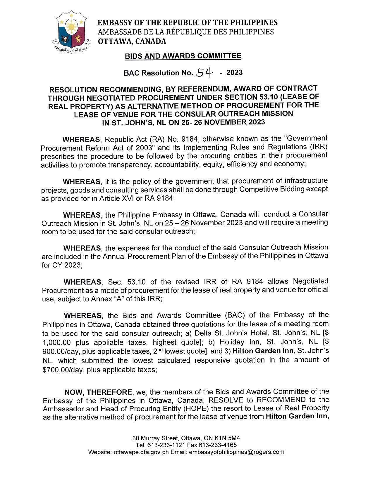 BAC RES 54 2023 Lease of Venue for the Consular Outreach Mission St. Johns NL on 25 26 November 2023 001