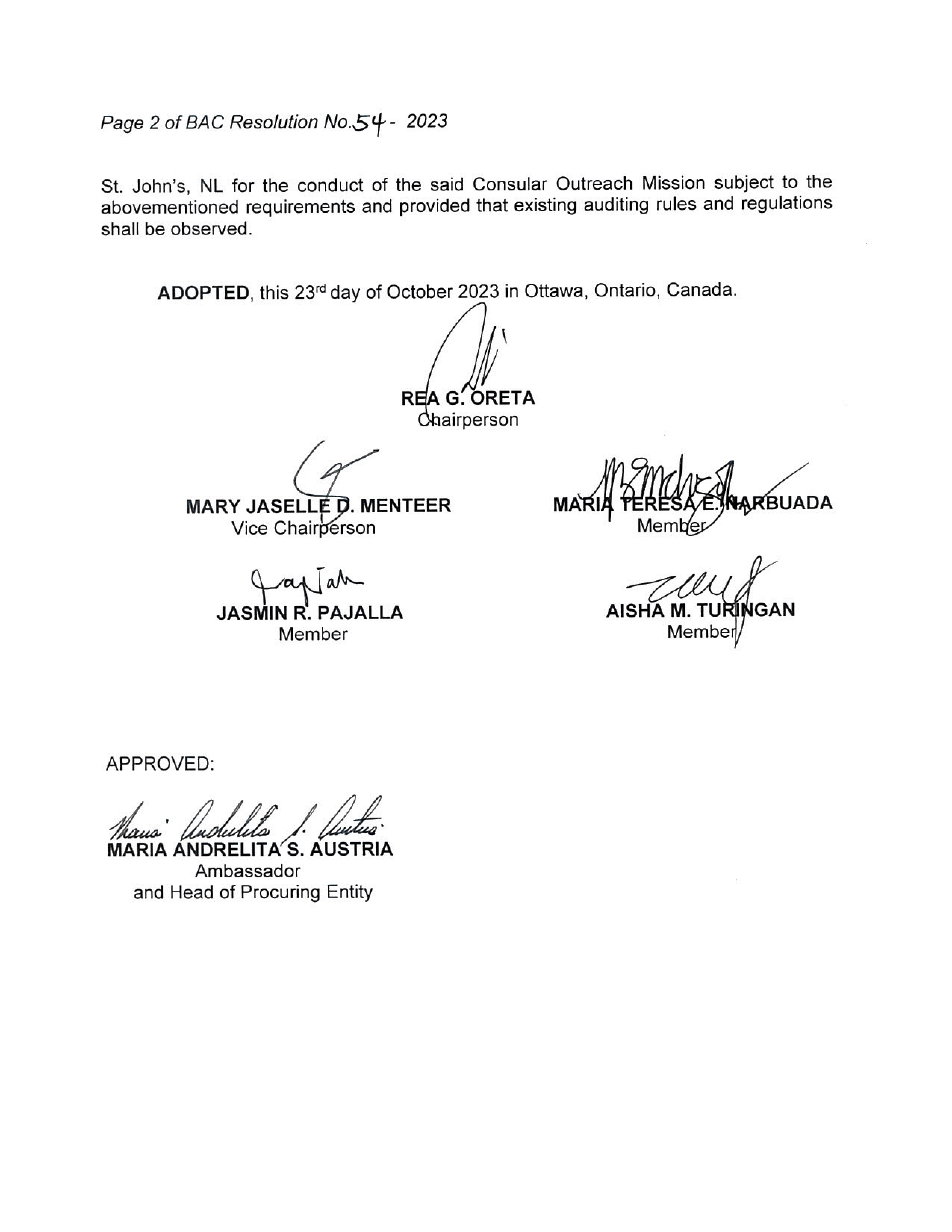 BAC RES 54 2023 Lease of Venue for the Consular Outreach Mission St. Johns NL on 25 26 November 2023 002