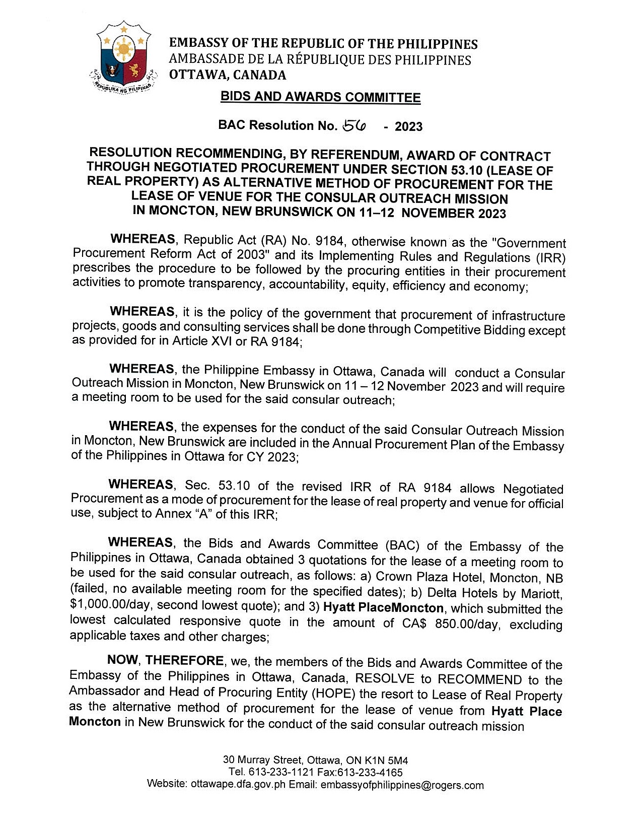BAC RES 56 2023 Lease of Venue for the Consular Outreach Mission in Moncton NB on 11 12 Nov 2023 001