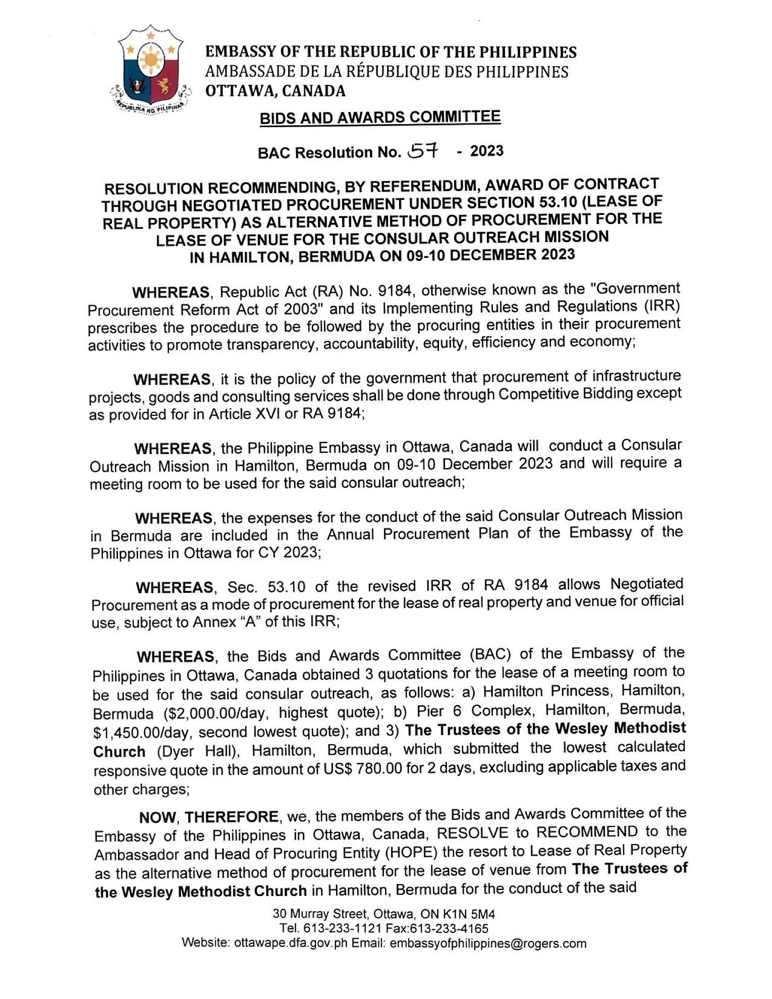 BAC RES 57 2023 Lease of Venue for the Consular Outreach Mission Hamilton Bermuda on 09 10 December 2023 001