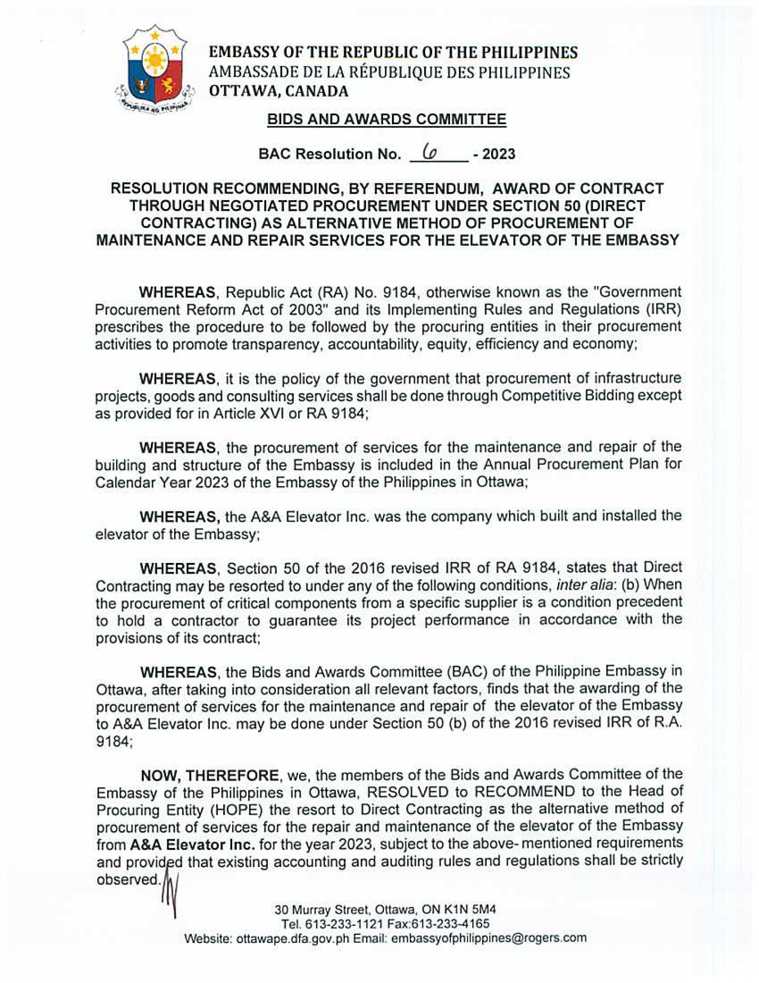 BAC RES 6 2023 Maintenance and Repair Services for the Elevator of the Embassy 001