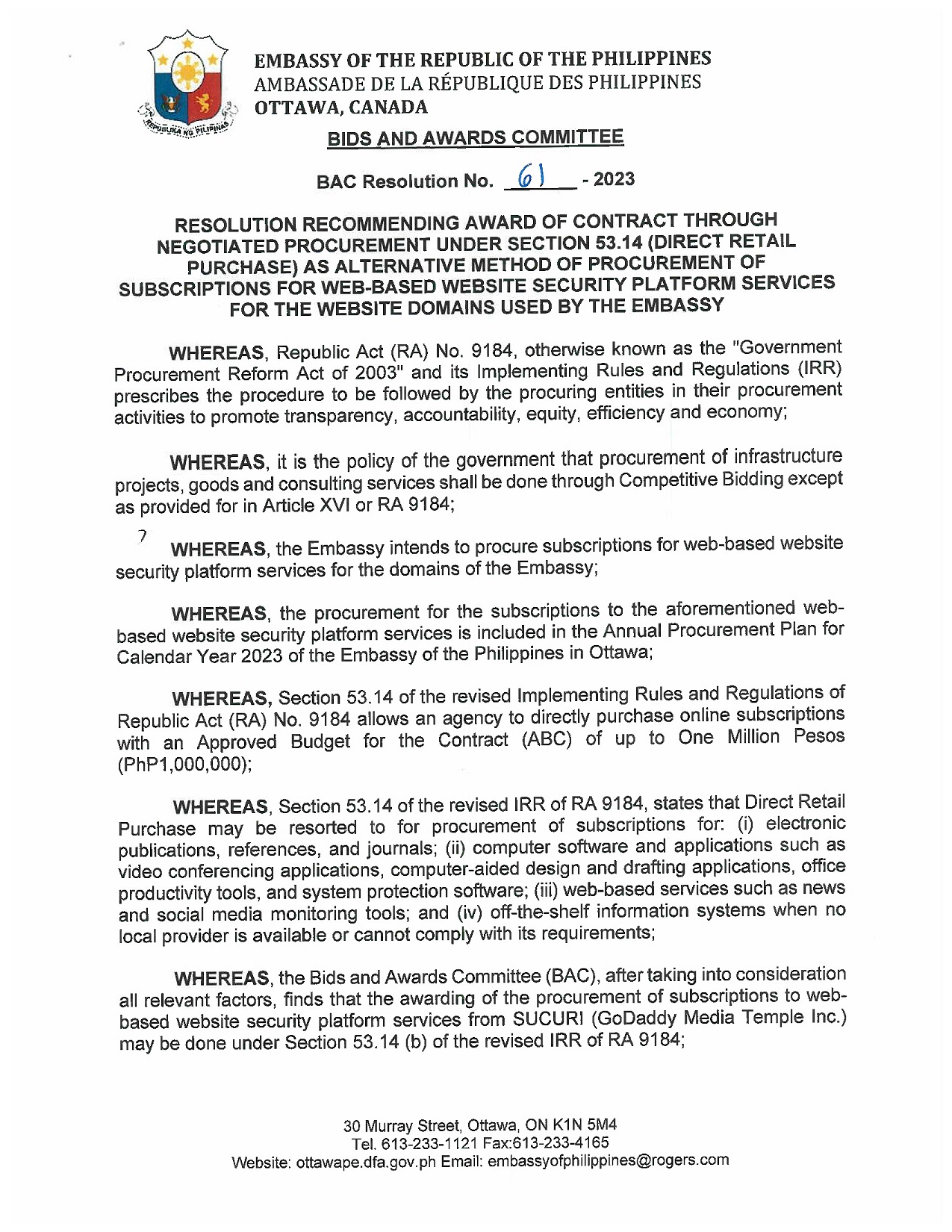 BAC RES 61 2023 Subscriptions for Web based Website Security Platform Services for the Website Domains used by the Embassy 001