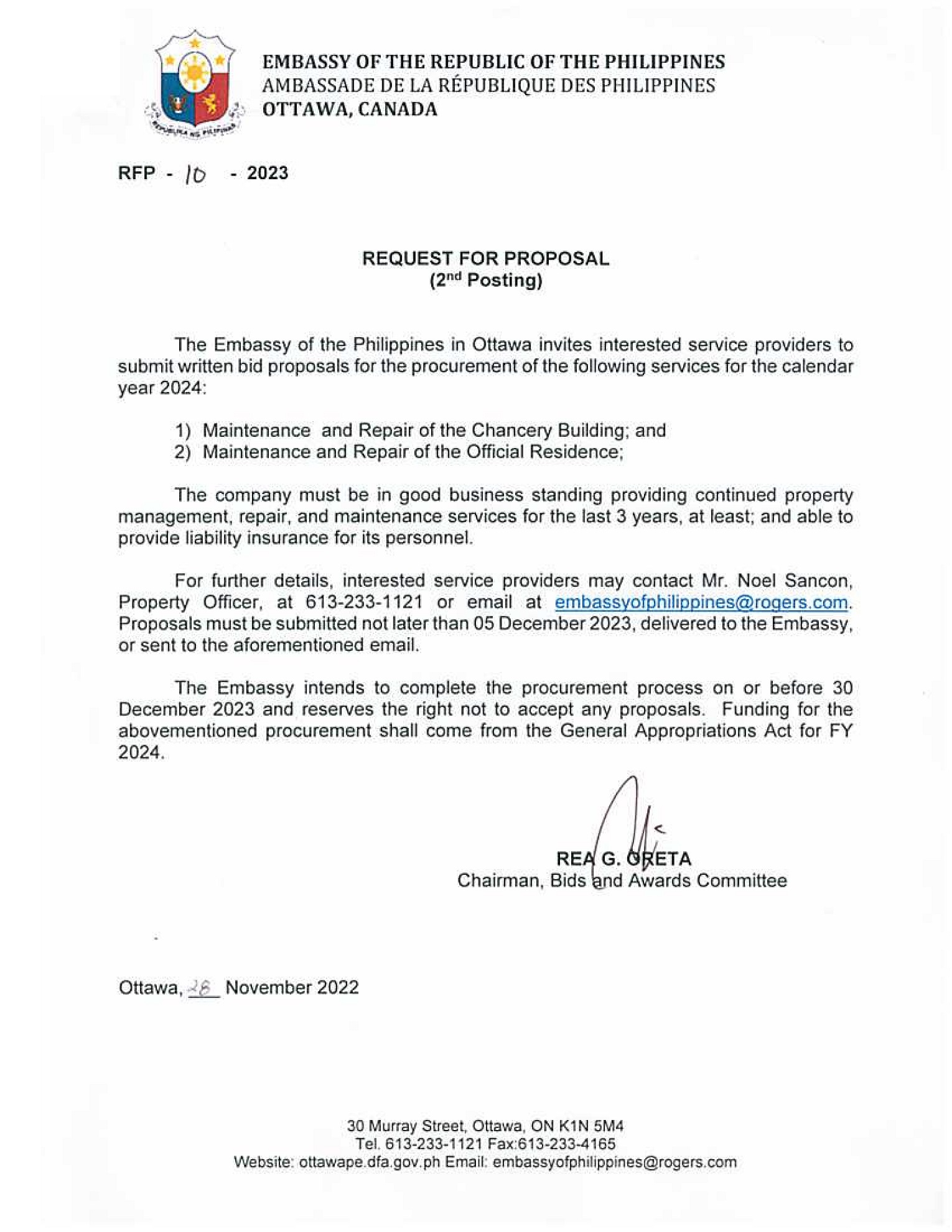 RFP 10 2023 2nd Posting Procurement of Management Maintenance and Repair of the Chancery Building and Official Residence 001