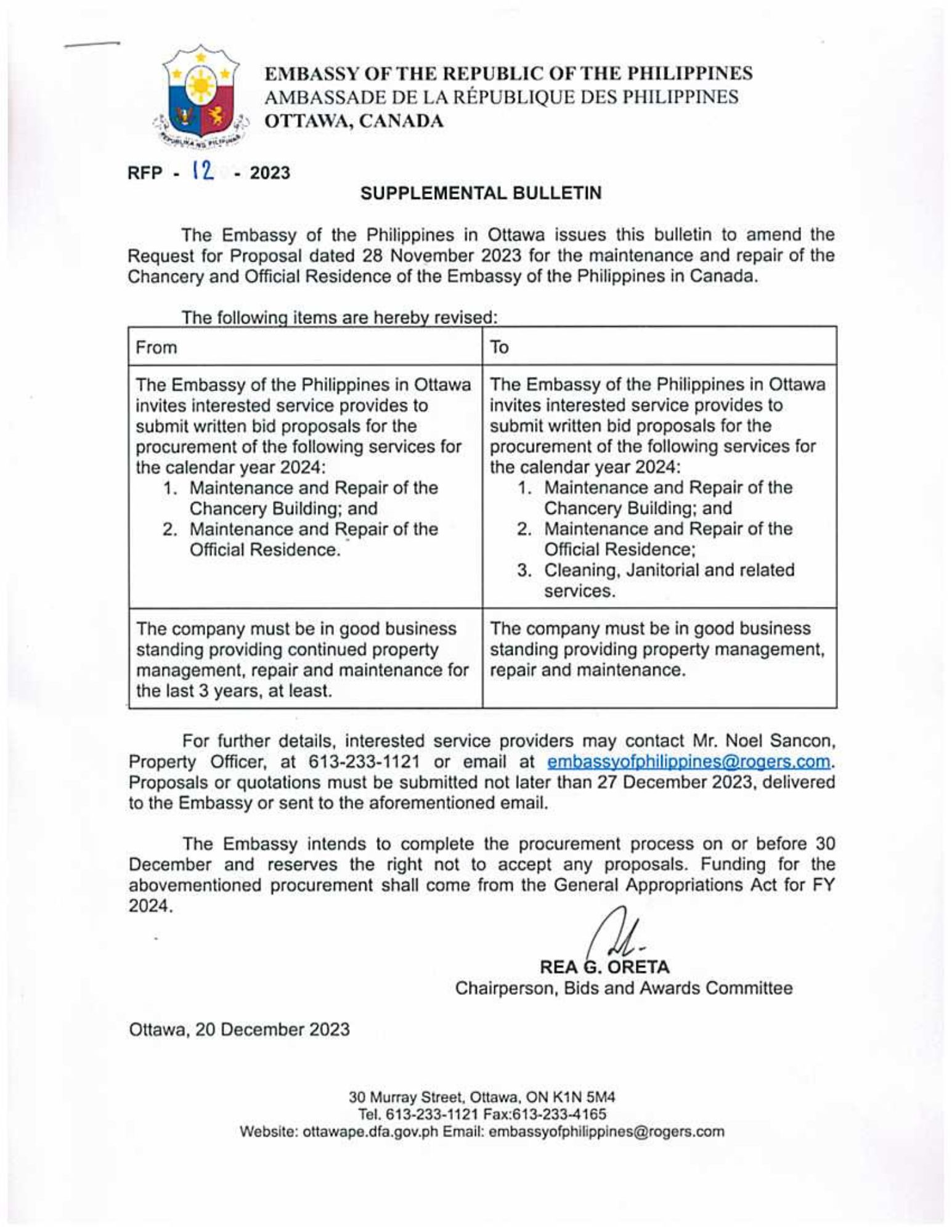 RFP 12 2023 Supplemental Bulletin to amend the Reques for Proposal for the maintenance and Repair of the Chancery and Official Residence of the Embassy.pdf
