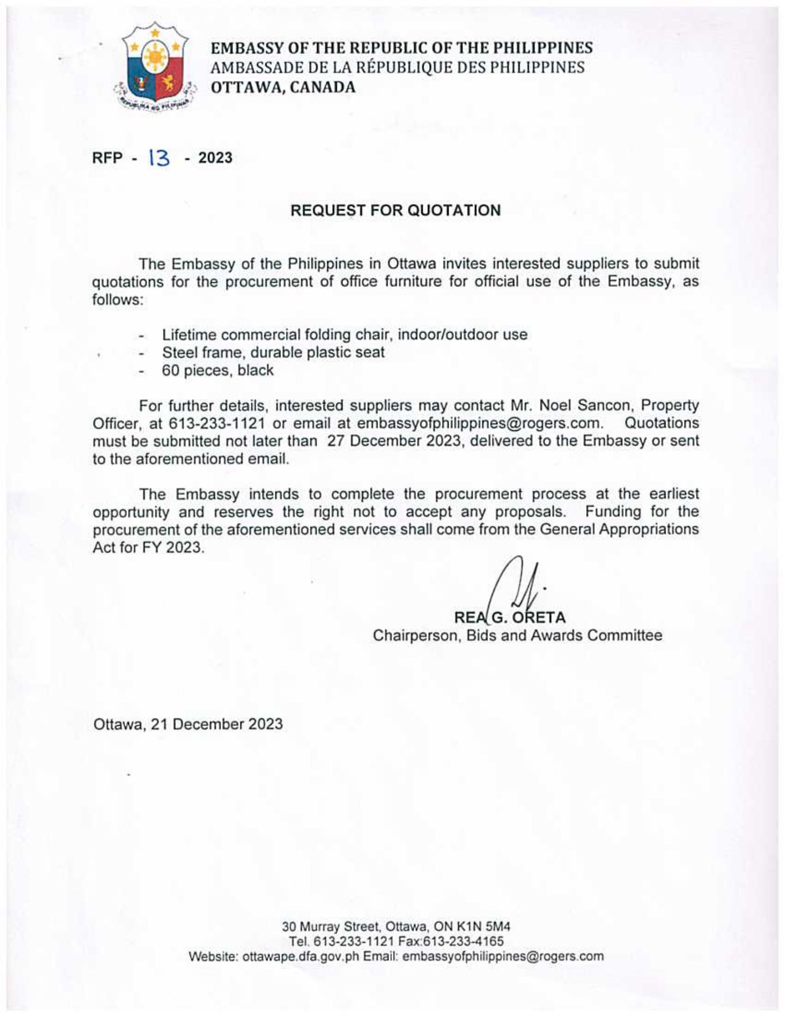 RFP 13 2023 Request for Quotation for the procurement of office furniture for official ise of the Embassy.pdf