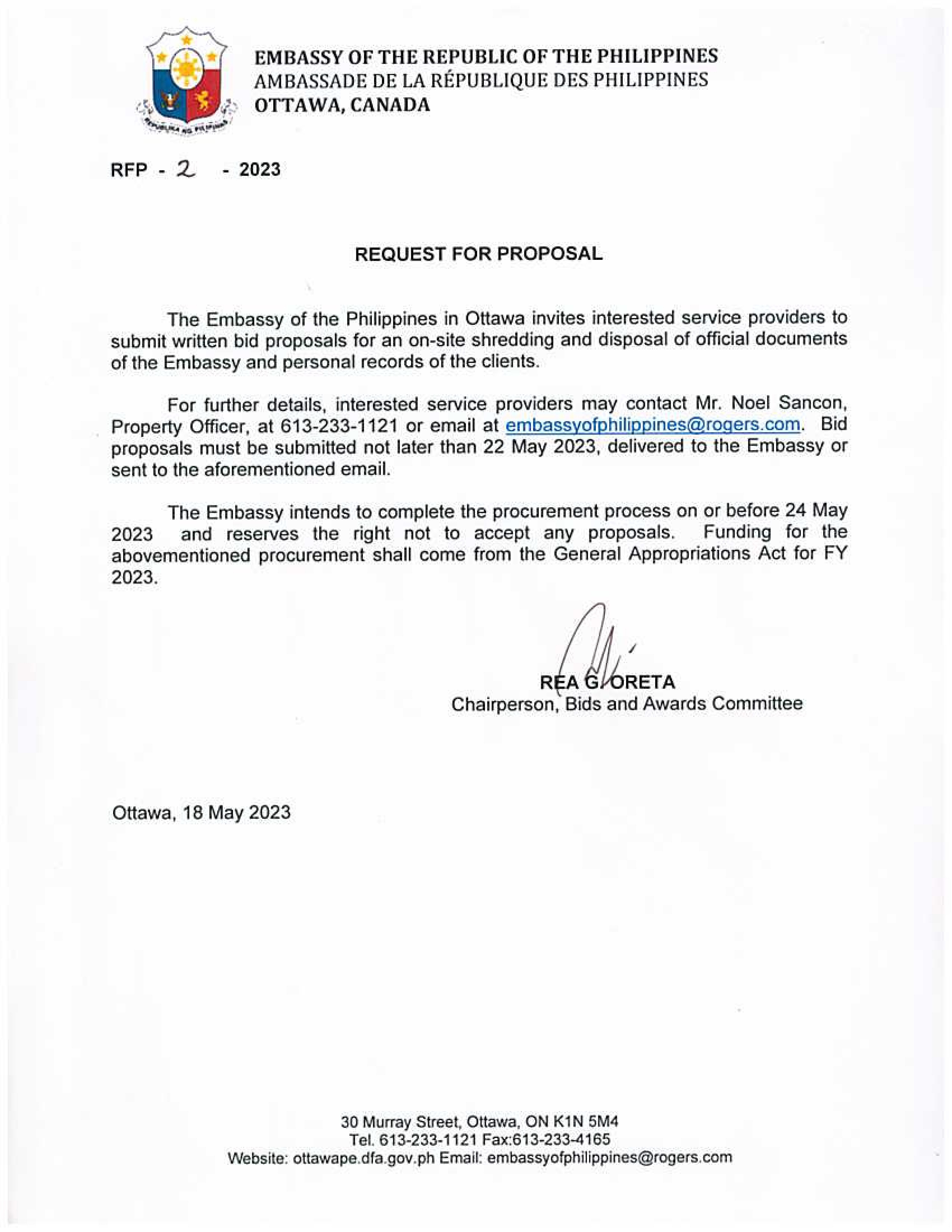 RFP 2 2023 On Site Shredding and Disposal of Official Documents of the Embassy