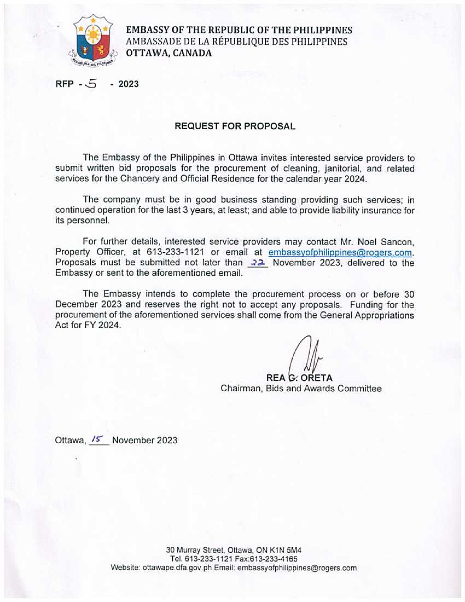 RFP 5 2023 Cleaning Janitorial and Related Services for the Chancery and Official Residence for Calencar Year 2024