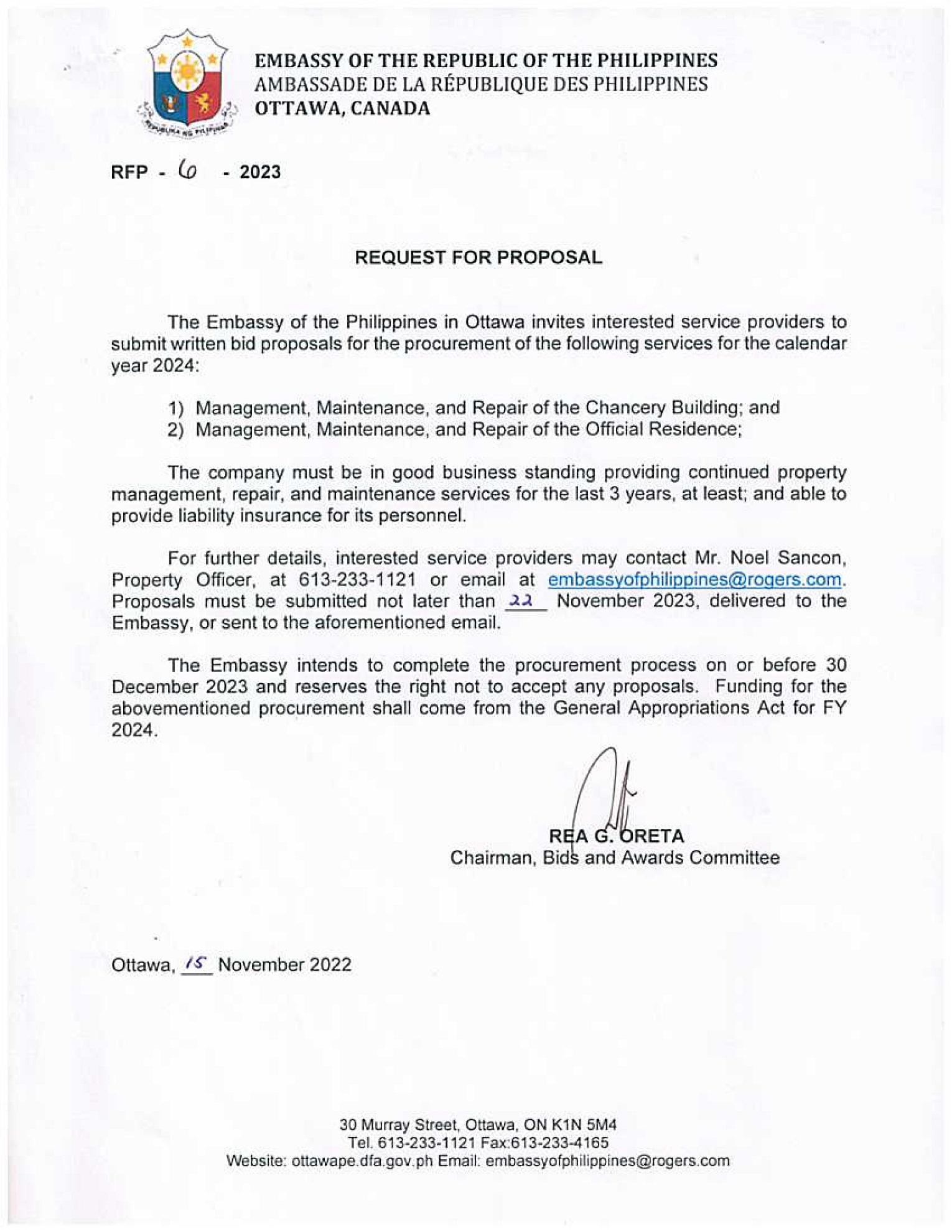 RFP 6 2023 Procurement of Management Maintenance and Repair of the Chancery Building and Official Residence