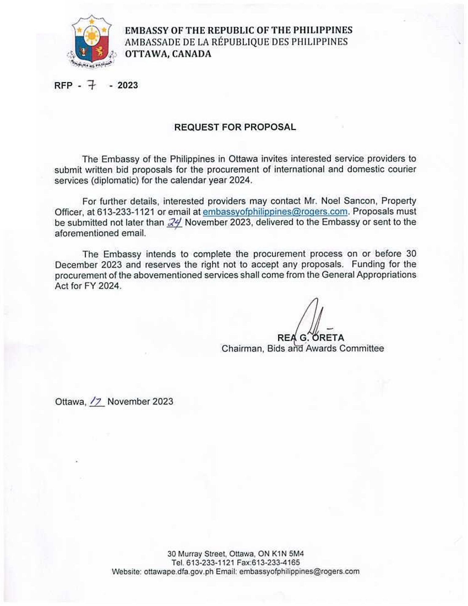 RFP 7 2023 Procurement of International and Domestic Courier Services Diplomatic for Calendar Year 2024 001