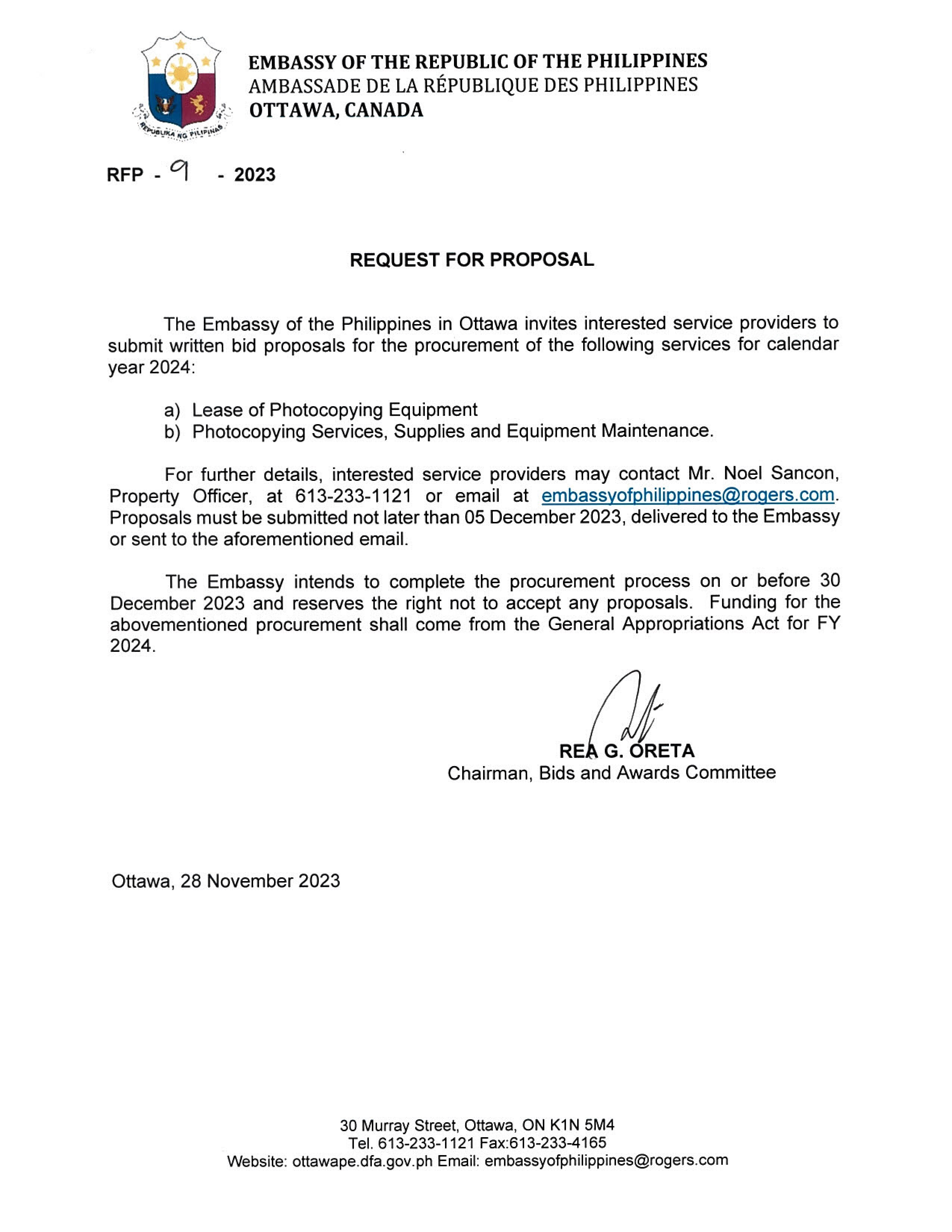 RFP 9 2023 Procurement of Services for 2024 for Lease of Photocopying Equipment Photocopying Services Supplies and Equipment Maintenance 001