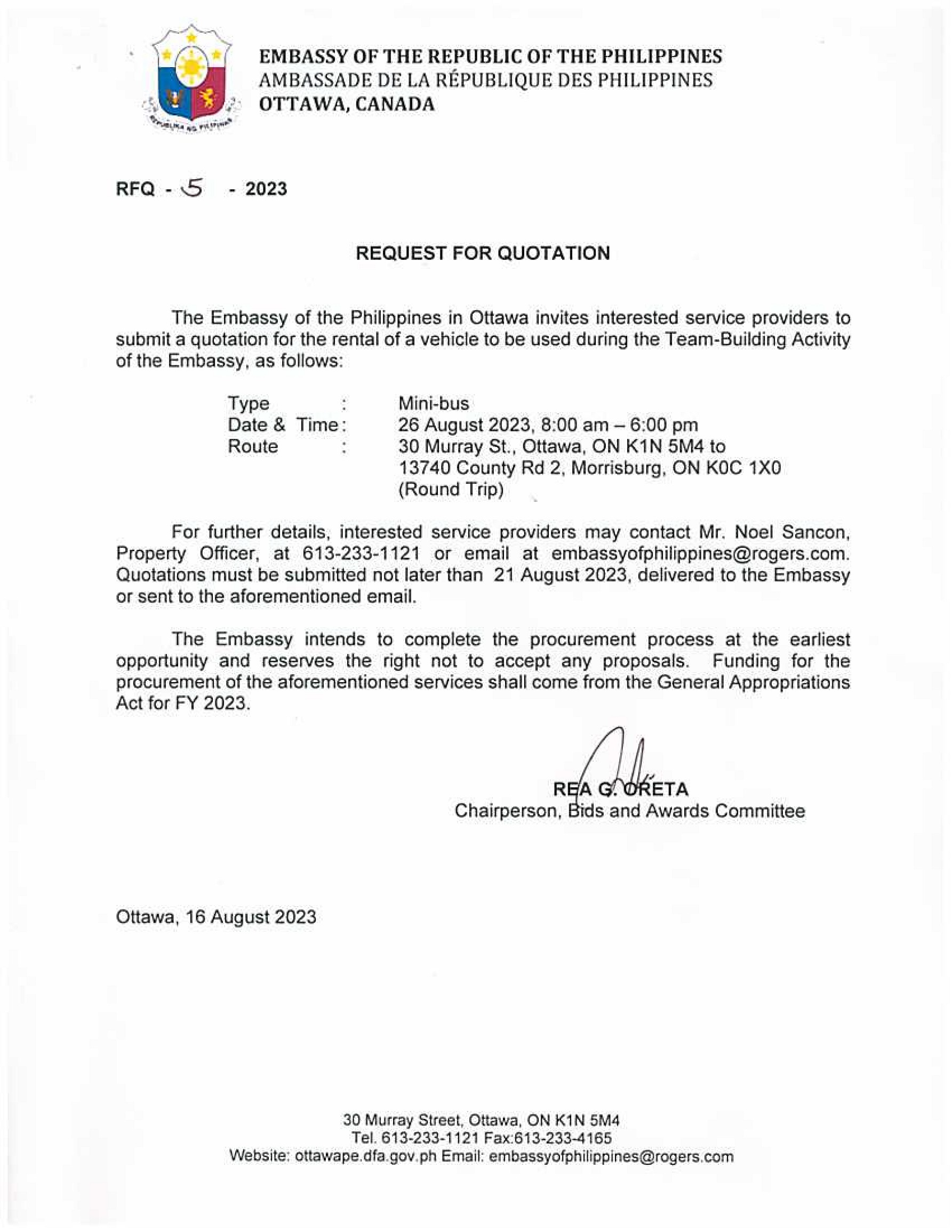 RFQ 5 2023 Rental of a Vehicle to be used for the Team Building Activity of the Embassy 001