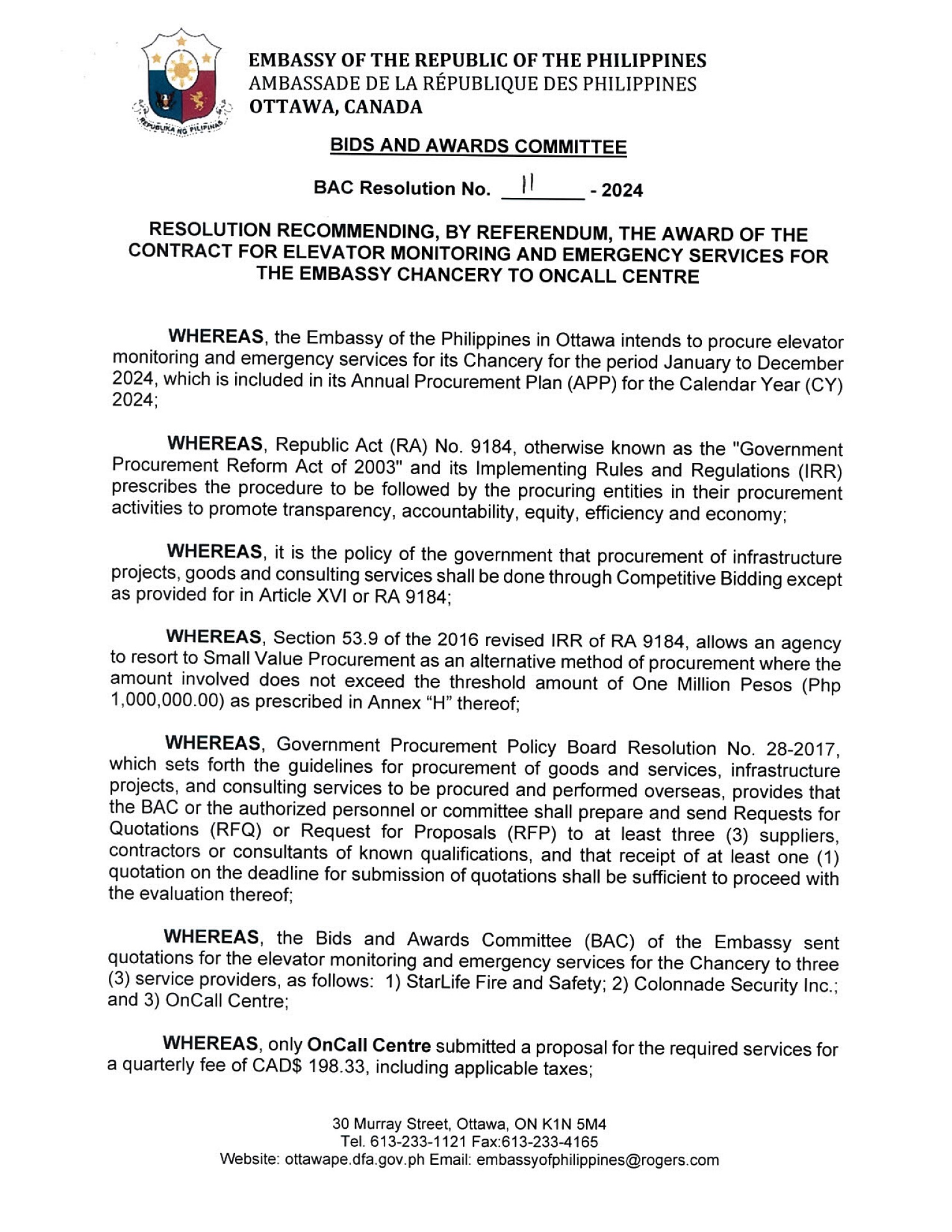 BAC RES 11 2024 Elevator Monitoring and Emergency Services for the Embassy 001