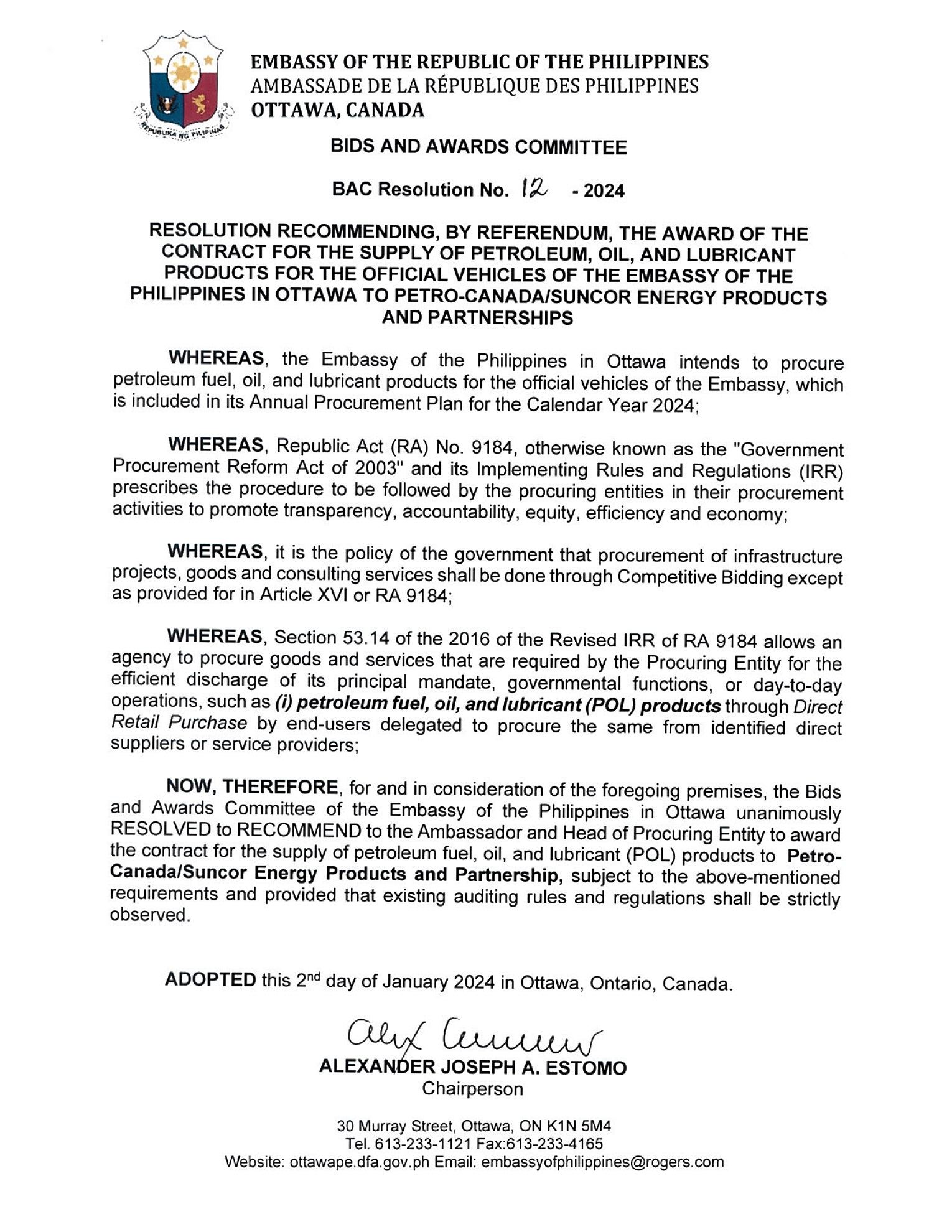 BAC RES 12 2024 Supply of Petroleum Oil and Lubricant Products for the Official Vehicles of the Embassy 001