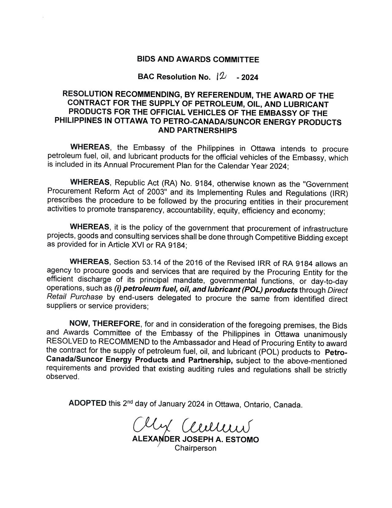 BAC RES 12 2024 Supply of Petroleum Oil and Lubricant Products for the Official Vehicles of the Embassy 002