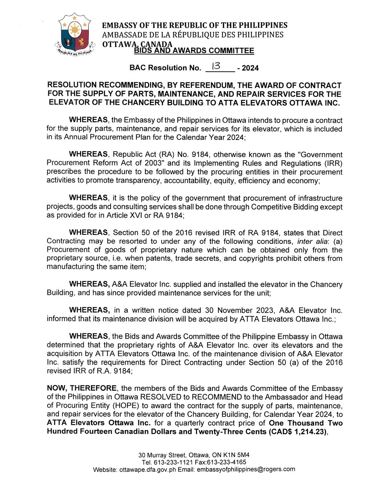 BAC RES 13 2024 Supply of Parts Maintenance and Repair Services for the Elevator of the Chancery Building 001