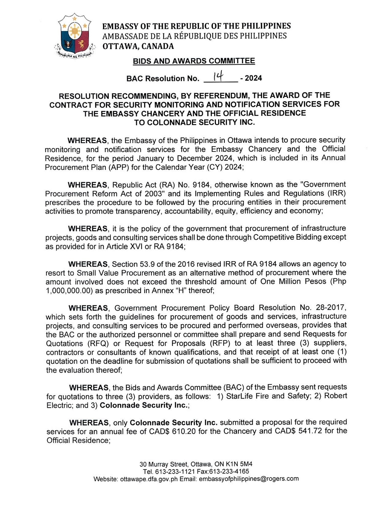 BAC RES 14 2024 Security Monitoring and Notification Services for the Embassy Chancery and the Official Residence 001