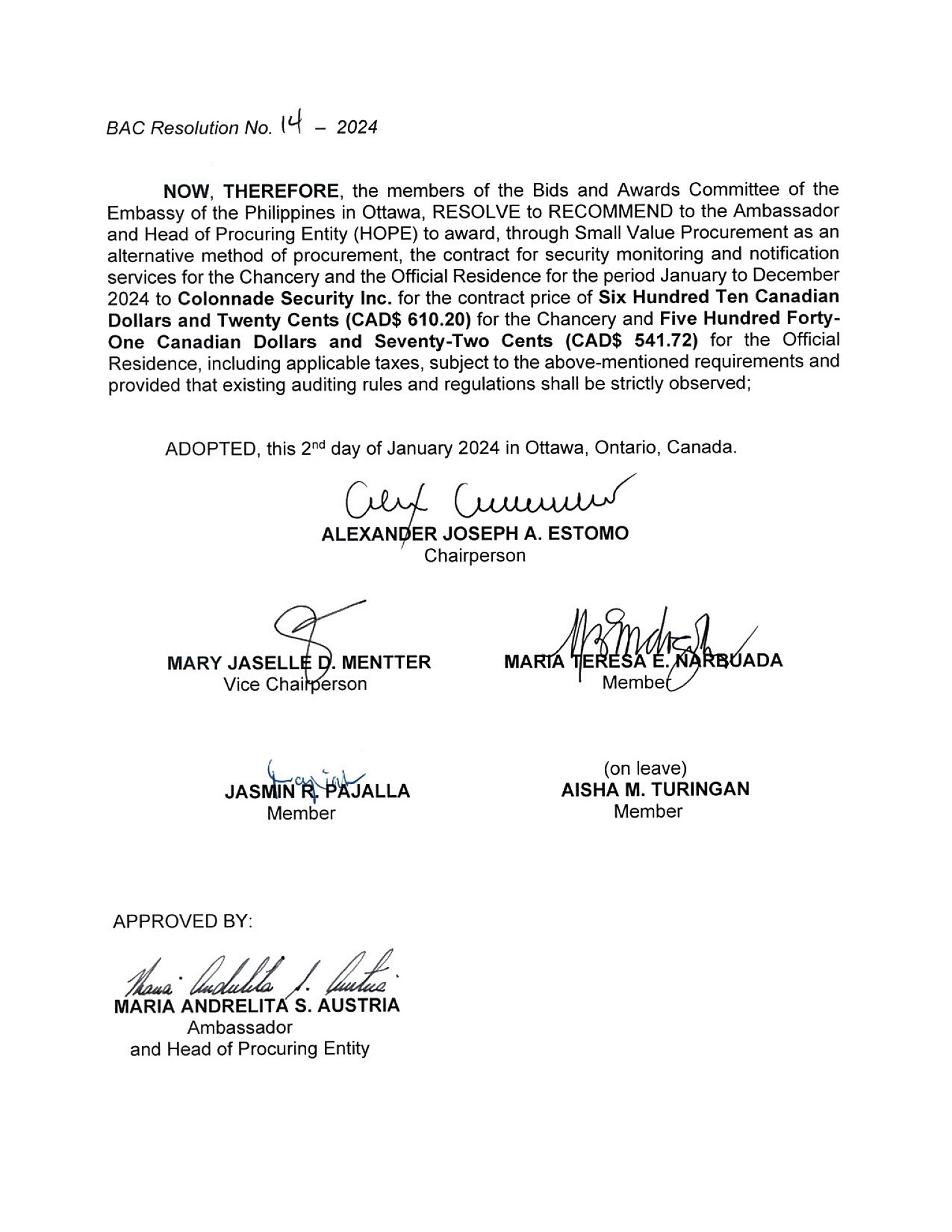 BAC RES 14 2024 Security Monitoring and Notification Services for the Embassy Chancery and the Official Residence 002