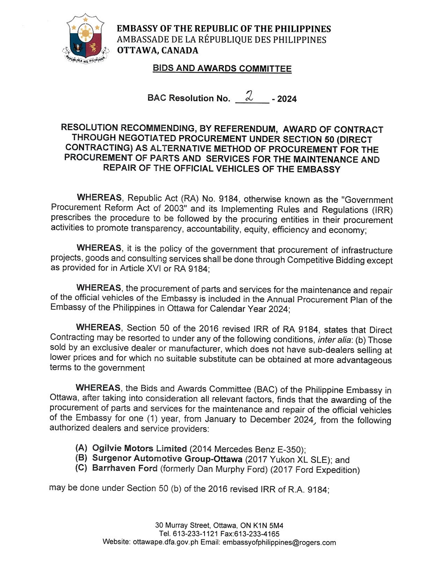 BAC RES 2 2024 Procurement of Parts and Services for the Maintenance and Repair of the Official Vehicles of the Embassy 001