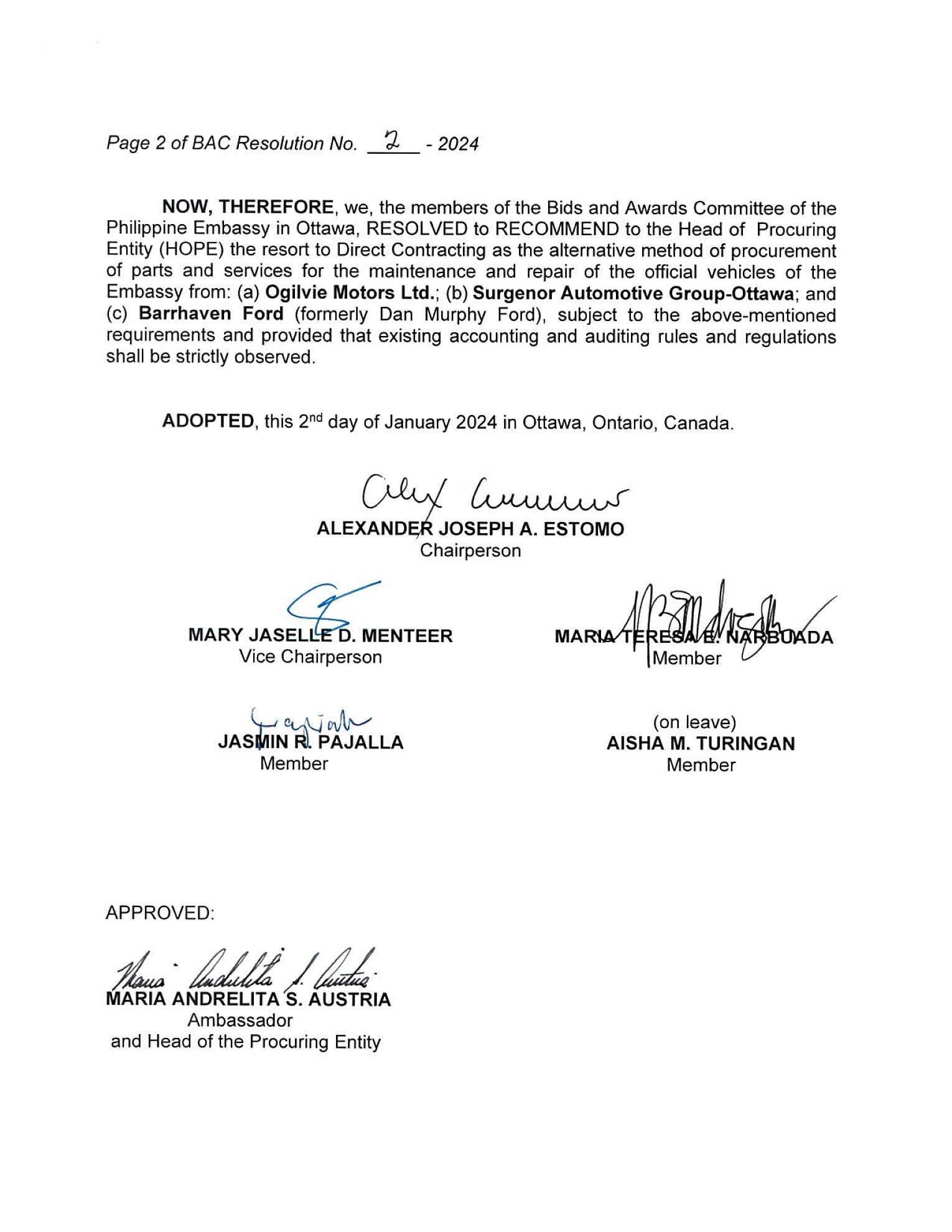 BAC RES 2 2024 Procurement of Parts and Services for the Maintenance and Repair of the Official Vehicles of the Embassy 002