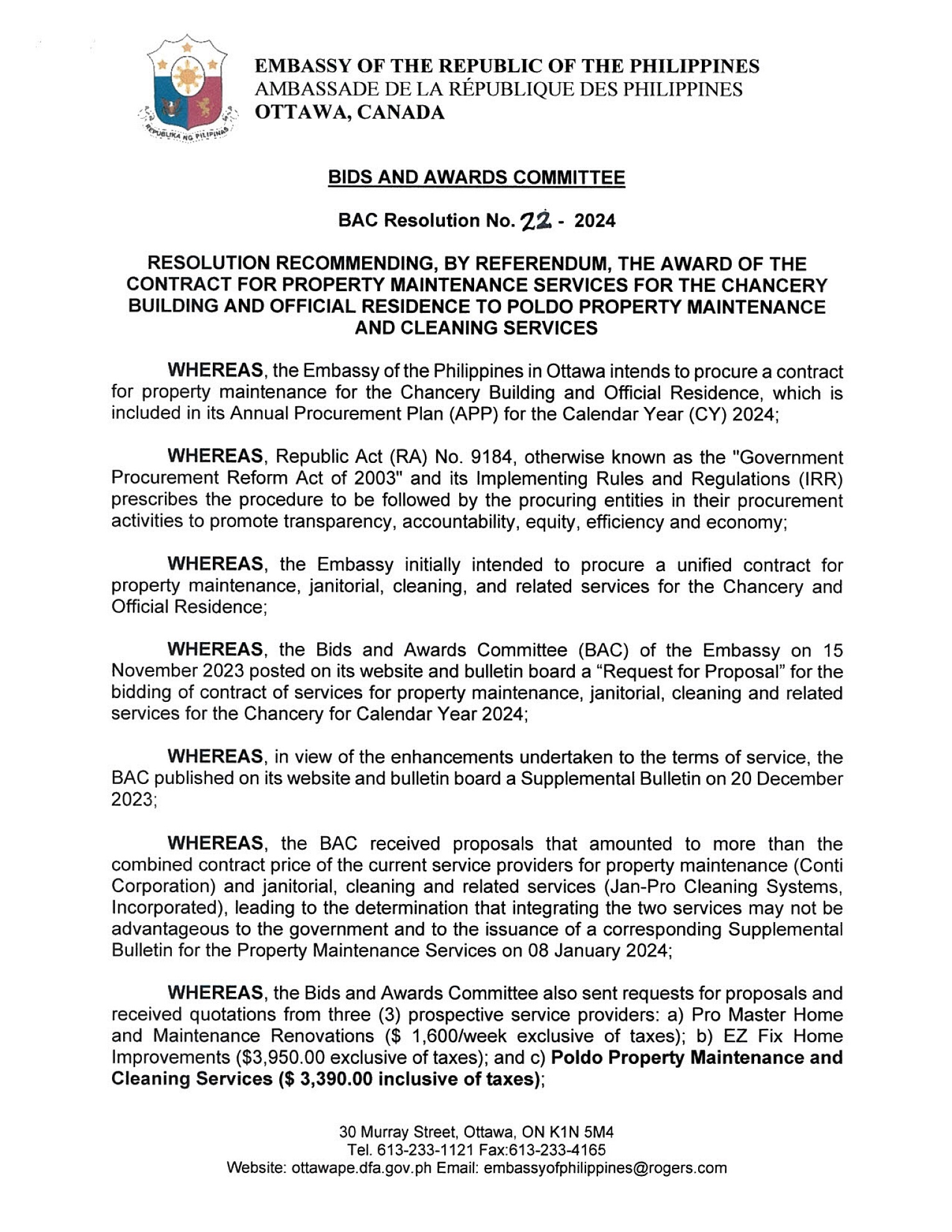BAC RES 22 2024 Property Maintenance Services for the Chancery Building and Official Residence 001