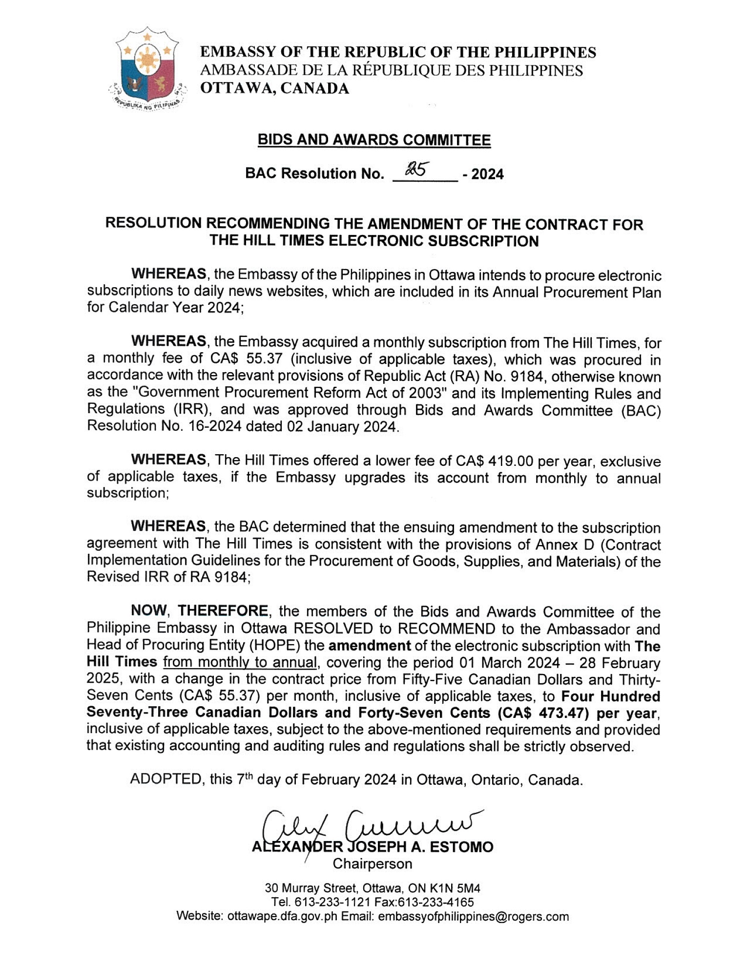 BAC RES 25 2024 Amendment of the Contractor for the Hill Times Electronic Subscription 001